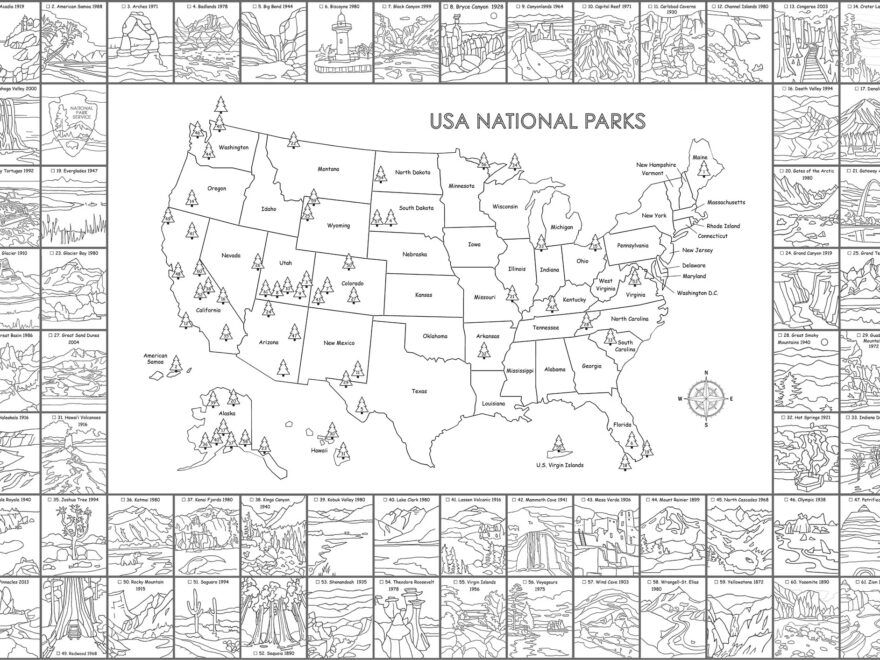 National Park Printable Map With Checklist Black And White US Map Poster Coloring Page Etsy