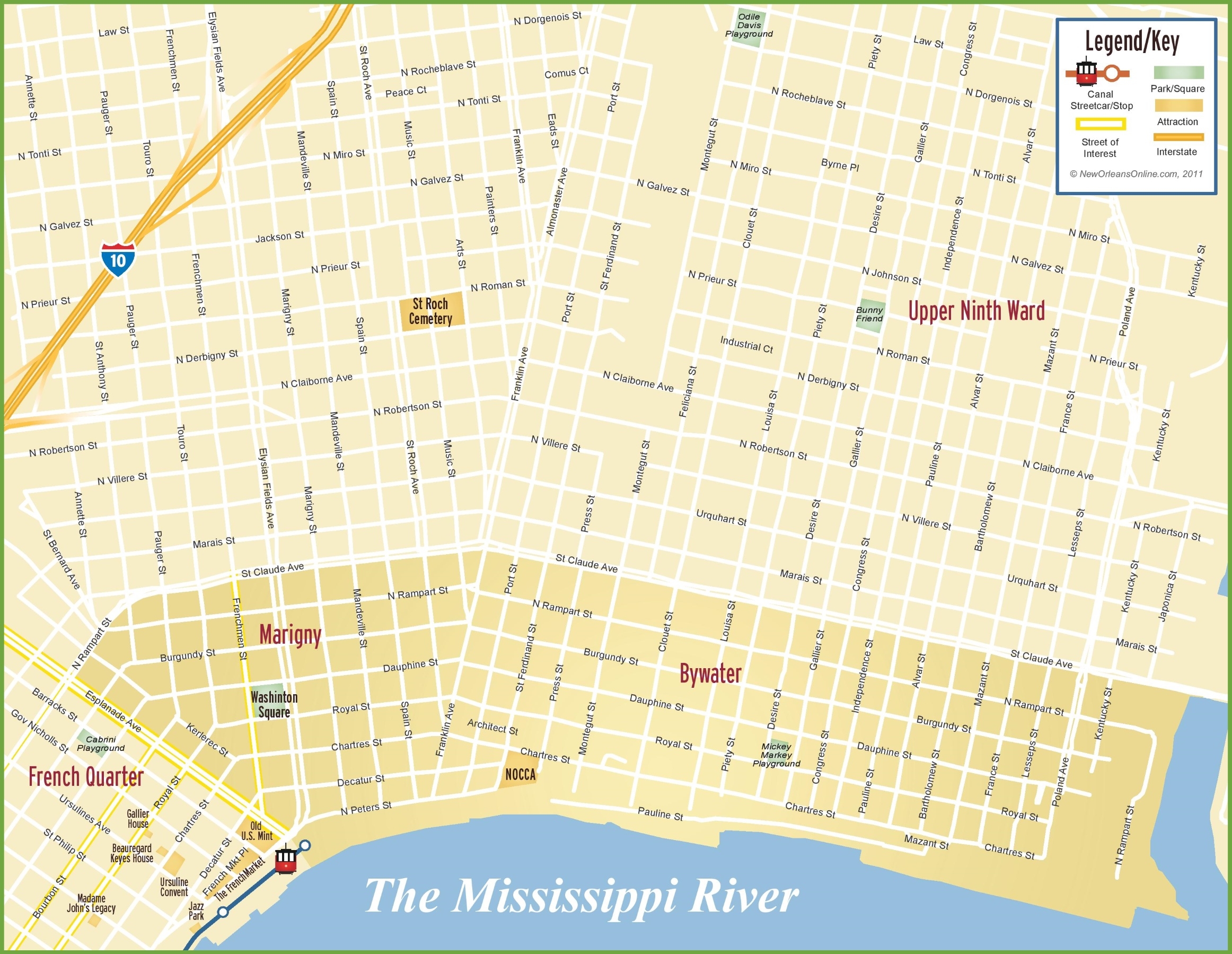 New Orleans Marigny And Bywater Map Ontheworldmap New Orleans Marigny And Bywater Map Ontheworldmap
