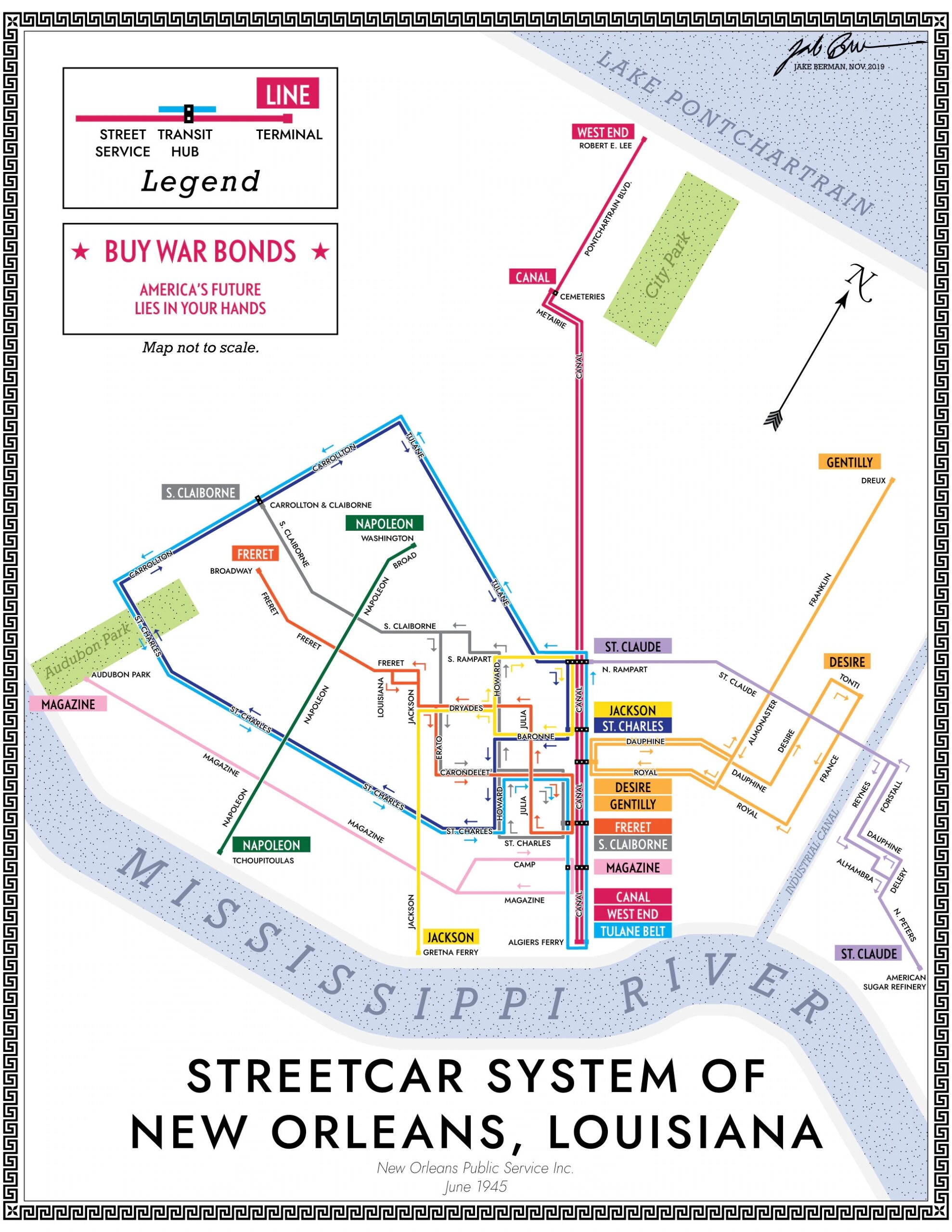 New Orleans Streetcar System Map Print 1945 Etsy Finland