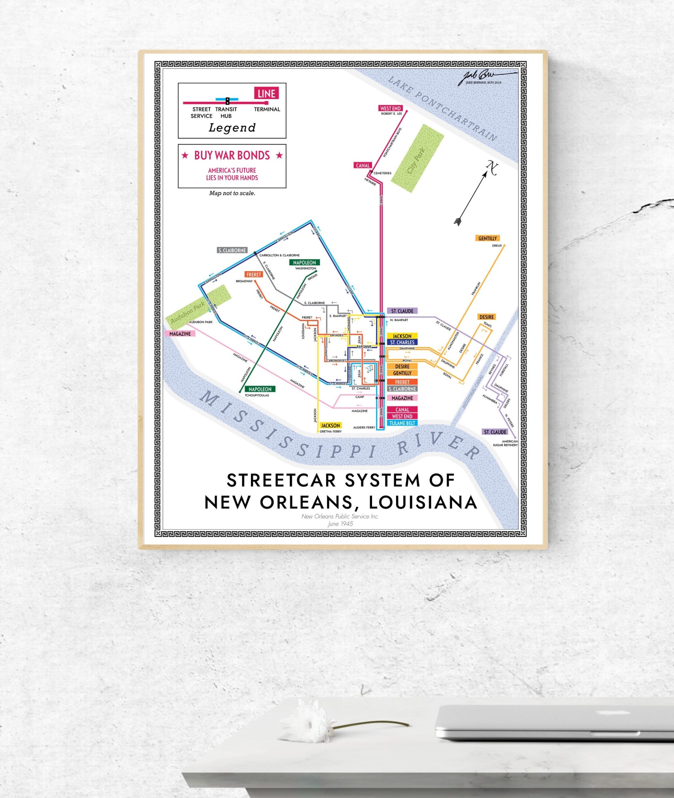 New Orleans Streetcar System Map Print 1945 Etsy