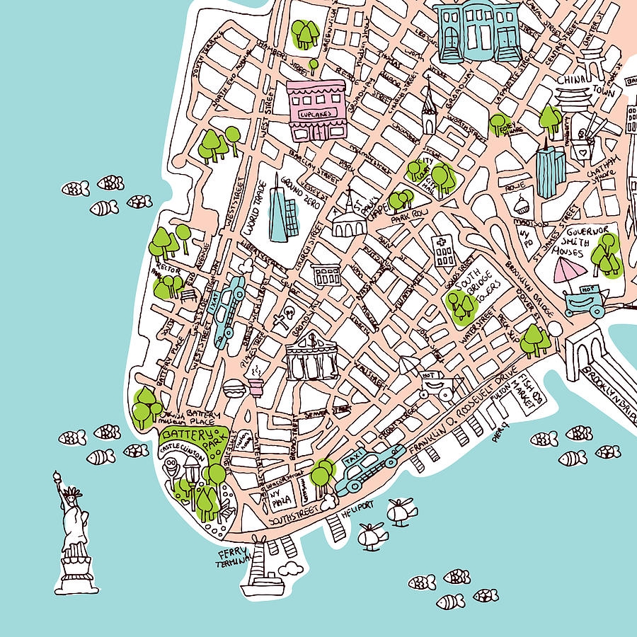 New York Manhattan Illustrated Map By Little Smilemakers Studio Worksheets Library