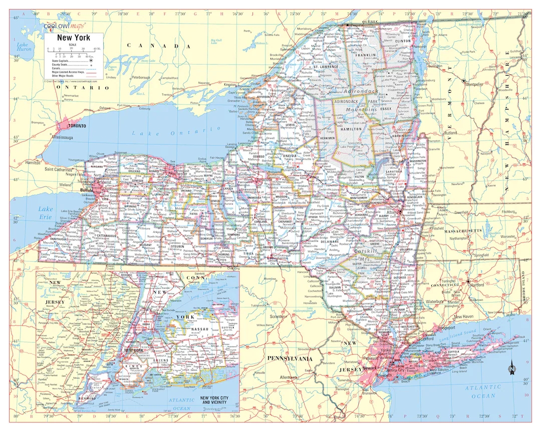 NEW YORK State Wall Map Large Print Poster 24 wx30 h Etsy