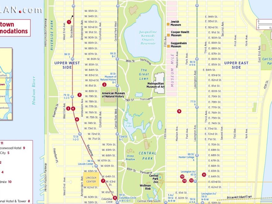 New York Top Tourist Attractions Map Uptown Manhattan Hotel Accommodations