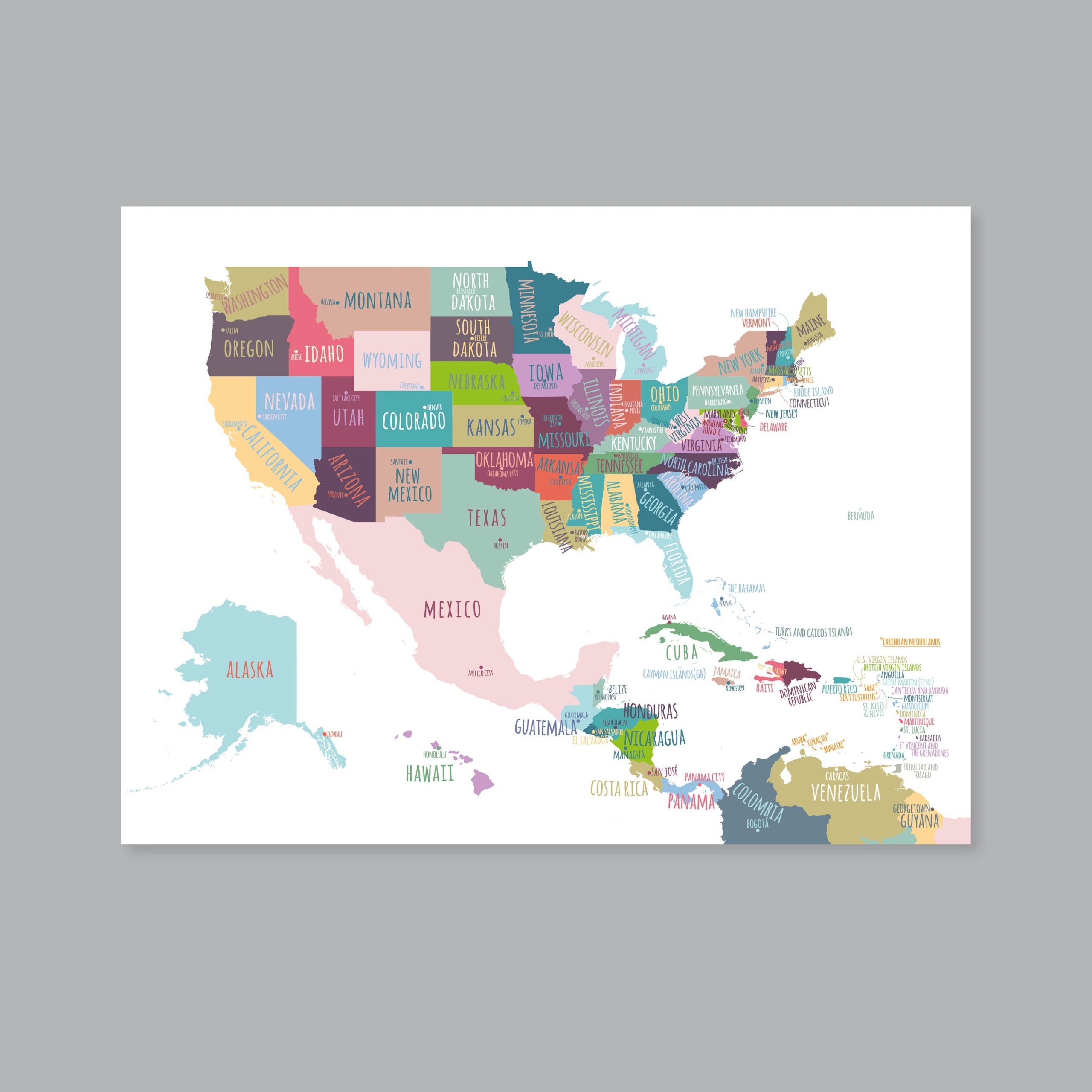 North America Map PRINTABLE United States Map Print USA States Capitals Map Poster USA Map For Kids Kids Room Decor P452B Etsy