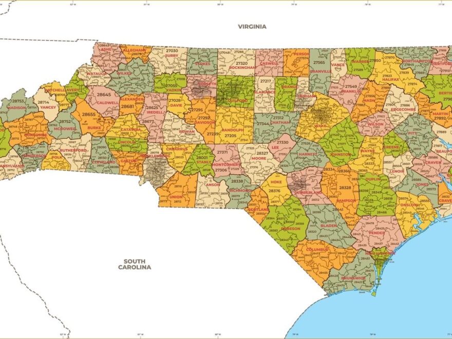 North Carolina ZIP Code Map With Counties Standard Stanfords