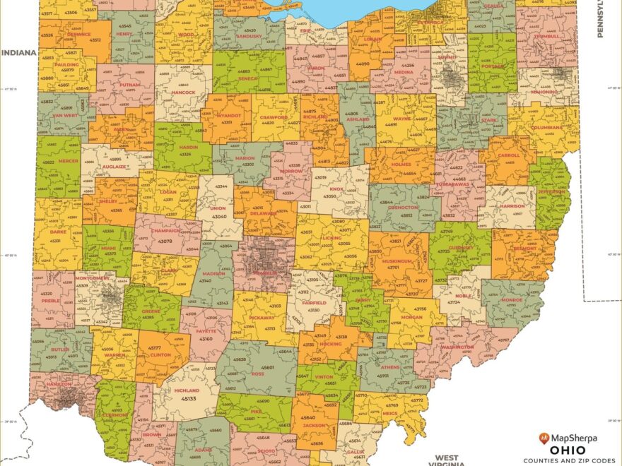 Ohio ZIP Code Map With Counties Standard Map Stanfords