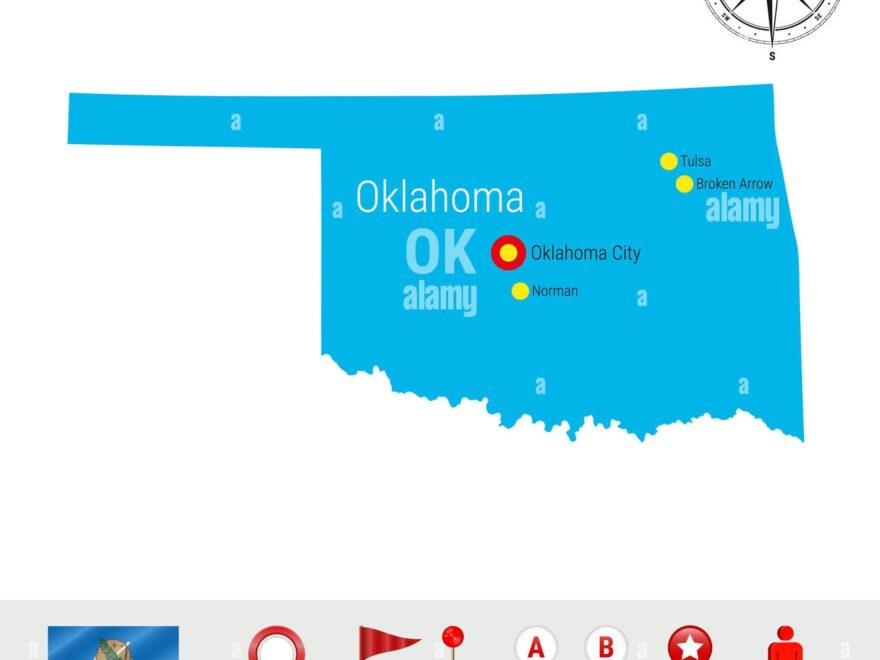 Oklahoma Map Isolated On White Background High Detailed Silhouette Of Oklahoma State Flag Of Oklahoma 3D Map Markers Or Pointers Navigation Elemen Stock Photo Alamy