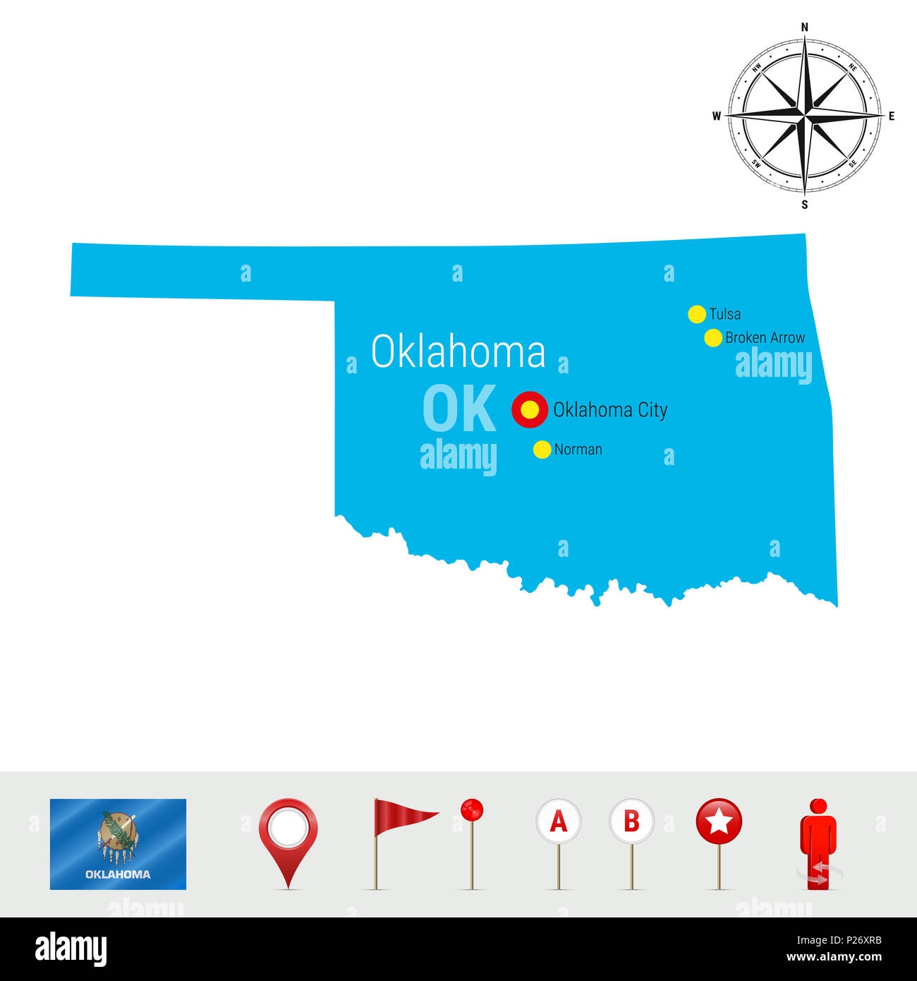 Oklahoma Map Isolated On White Background High Detailed Silhouette Of Oklahoma State Flag Of Oklahoma 3D Map Markers Or Pointers Navigation Elemen Stock Photo Alamy
