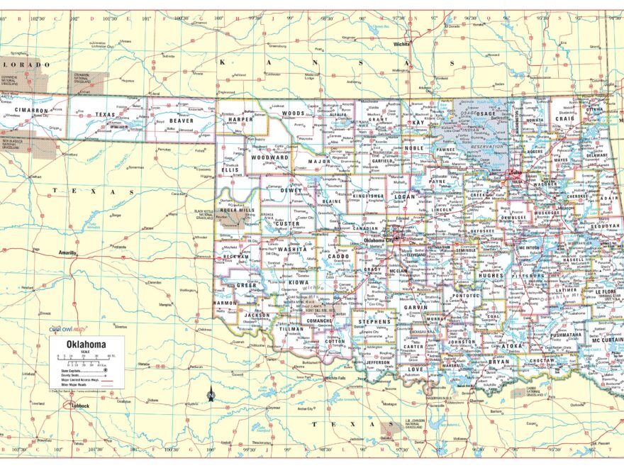 Oklahoma State Map Poster Large Print Counties Capitals 36 wx24 h Etsy