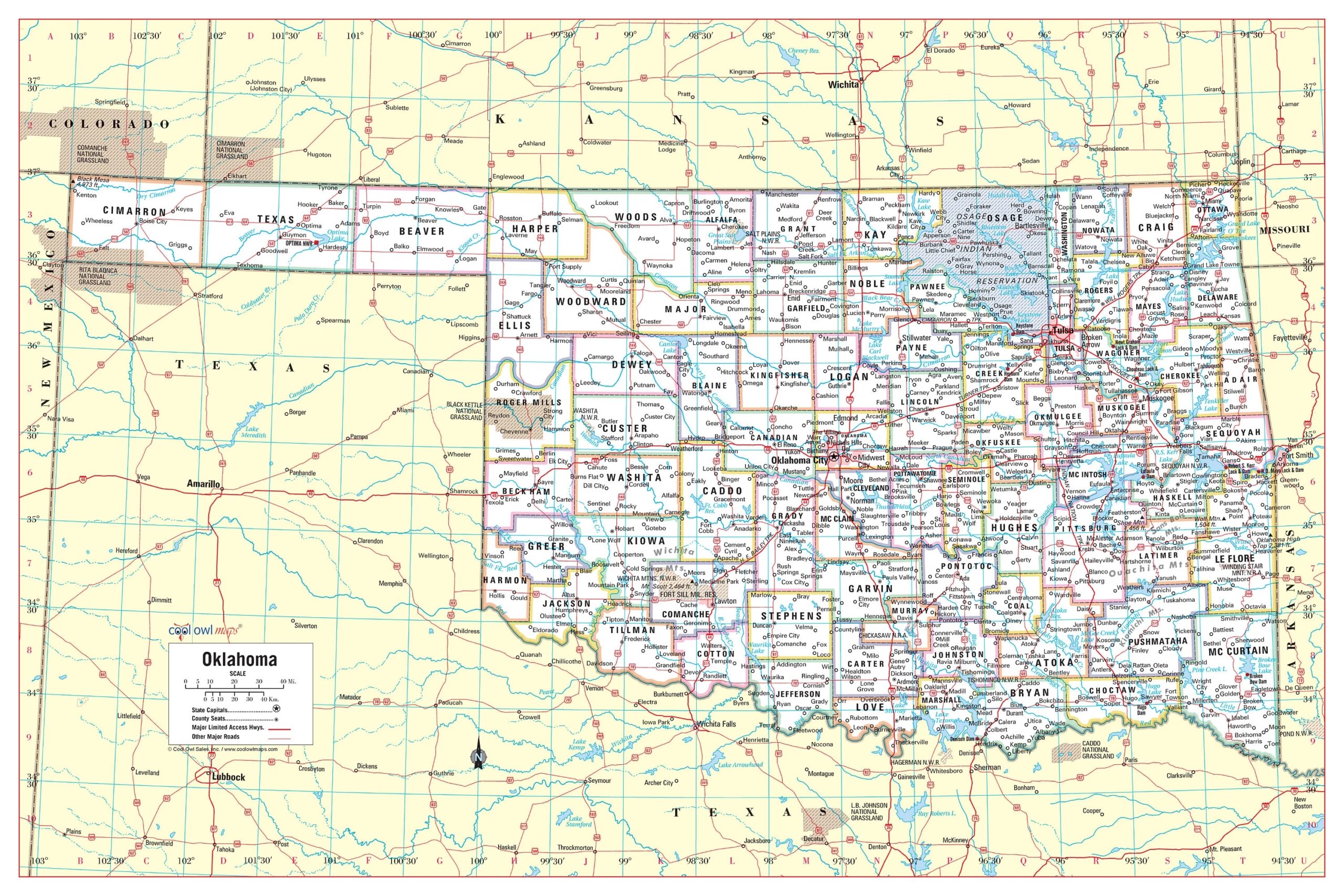 Oklahoma State Map Poster Large Print Counties Capitals 36 wx24 h Etsy
