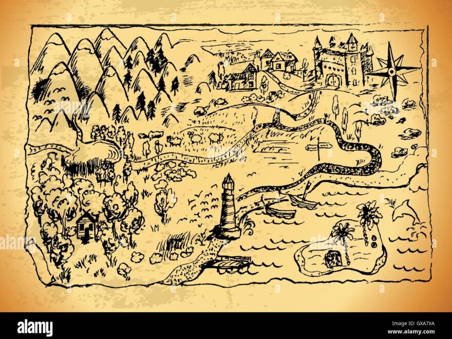 Old Style Hand Drawn A Map With Landscapes Mountains Forest Sea Grunge Vector Treasure Map With Lots Of Decoration With In Stock Vector Image Art Alamy