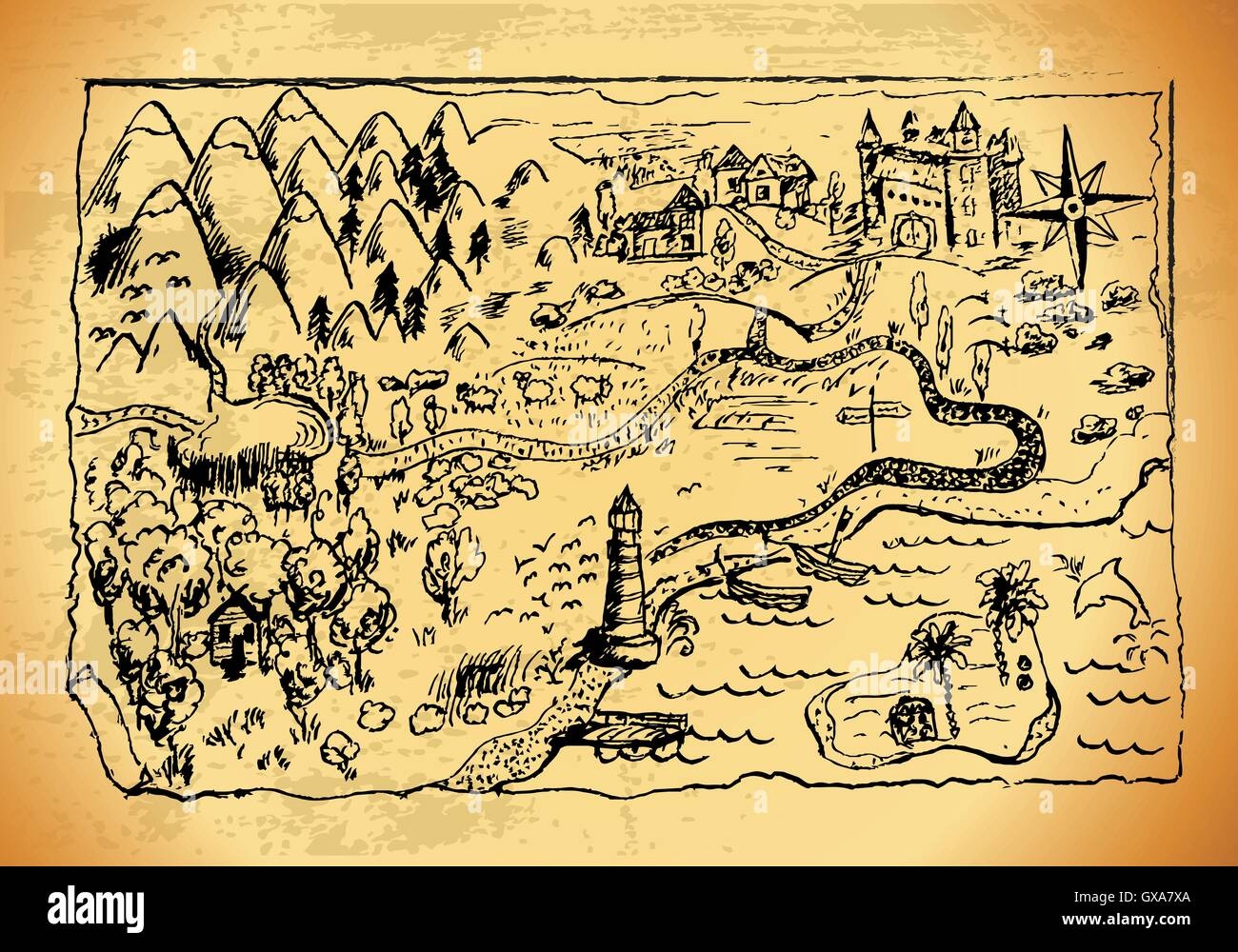Old Style Hand Drawn A Map With Landscapes Mountains Forest Sea Grunge Vector Treasure Map With Lots Of Decoration With In Stock Vector Image Art Alamy