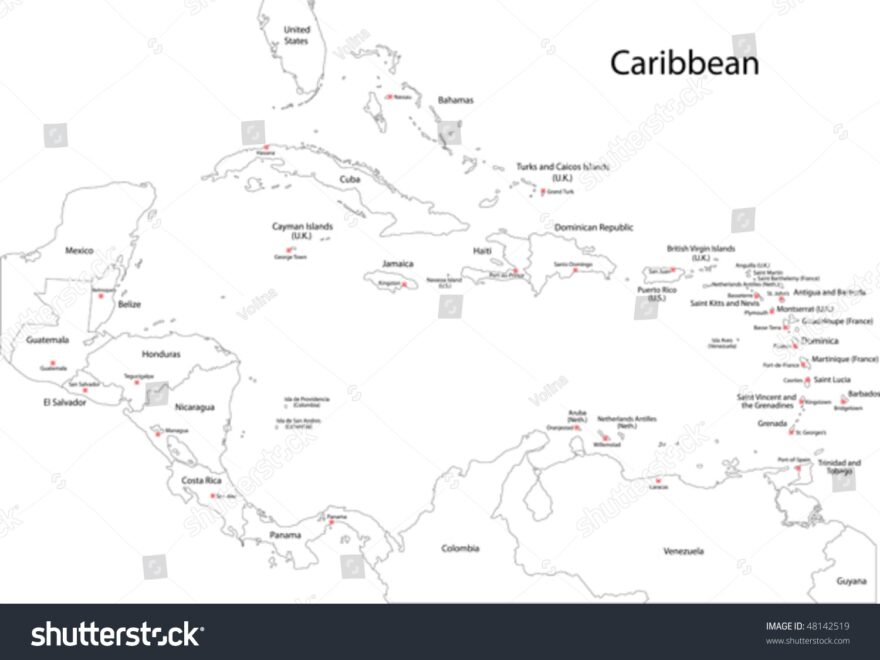 Outline Caribbean Map Countries Capital Cities Stock Vector Royalty Free 48142519 Shutterstock