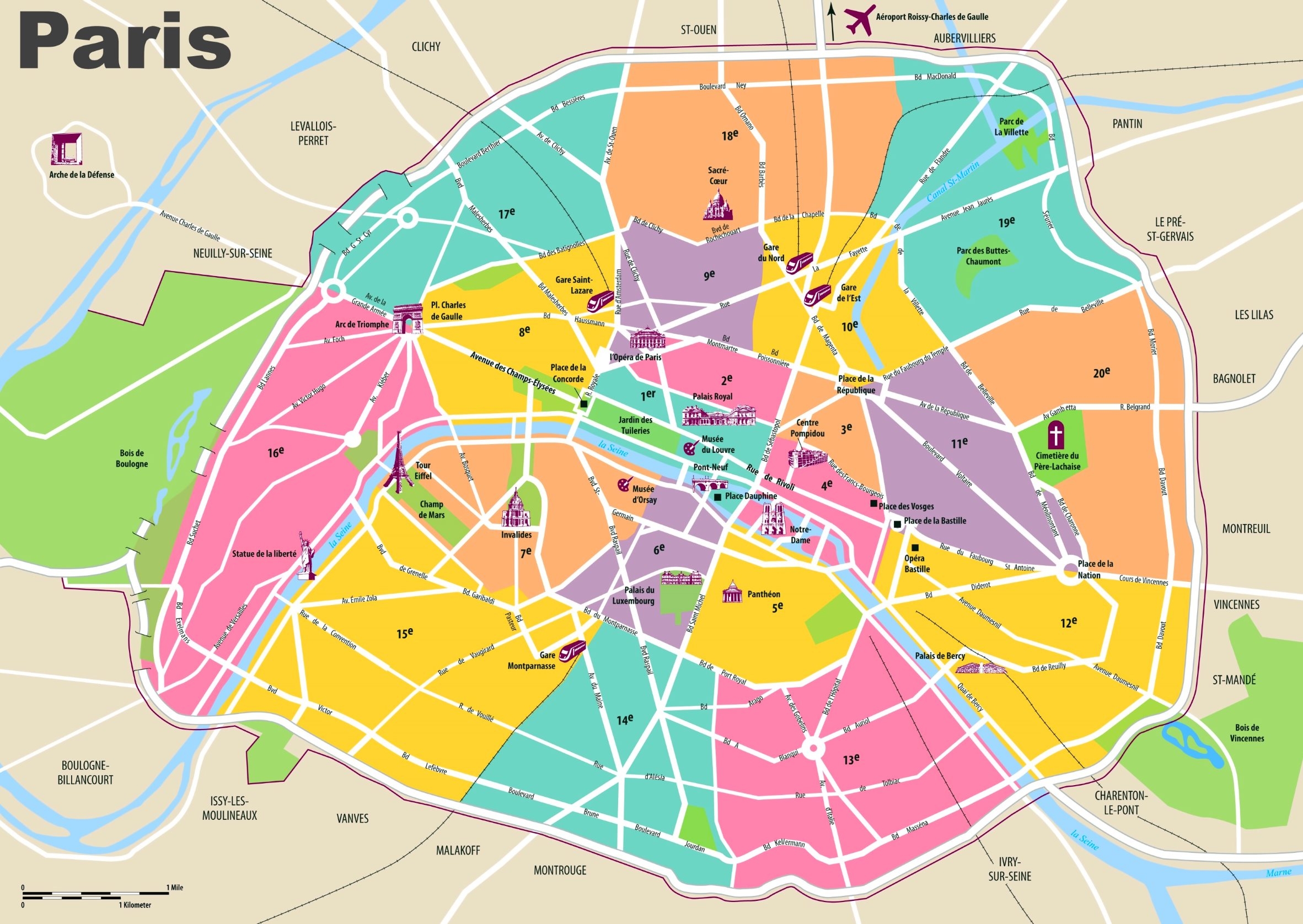 Paris Travel Map With Tourist Attractions And Arrondissements Ontheworldmap Paris Travel Map With Tourist Attractions And Arrondissements Ontheworldmap