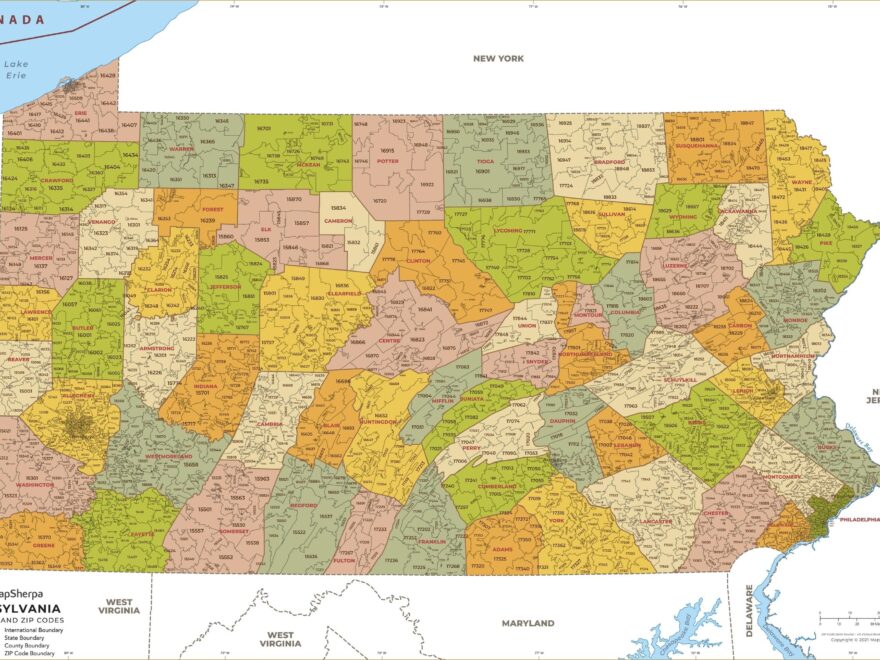 Pennsylvania ZIP Code Map With Counties Extra Large Map Stanfords