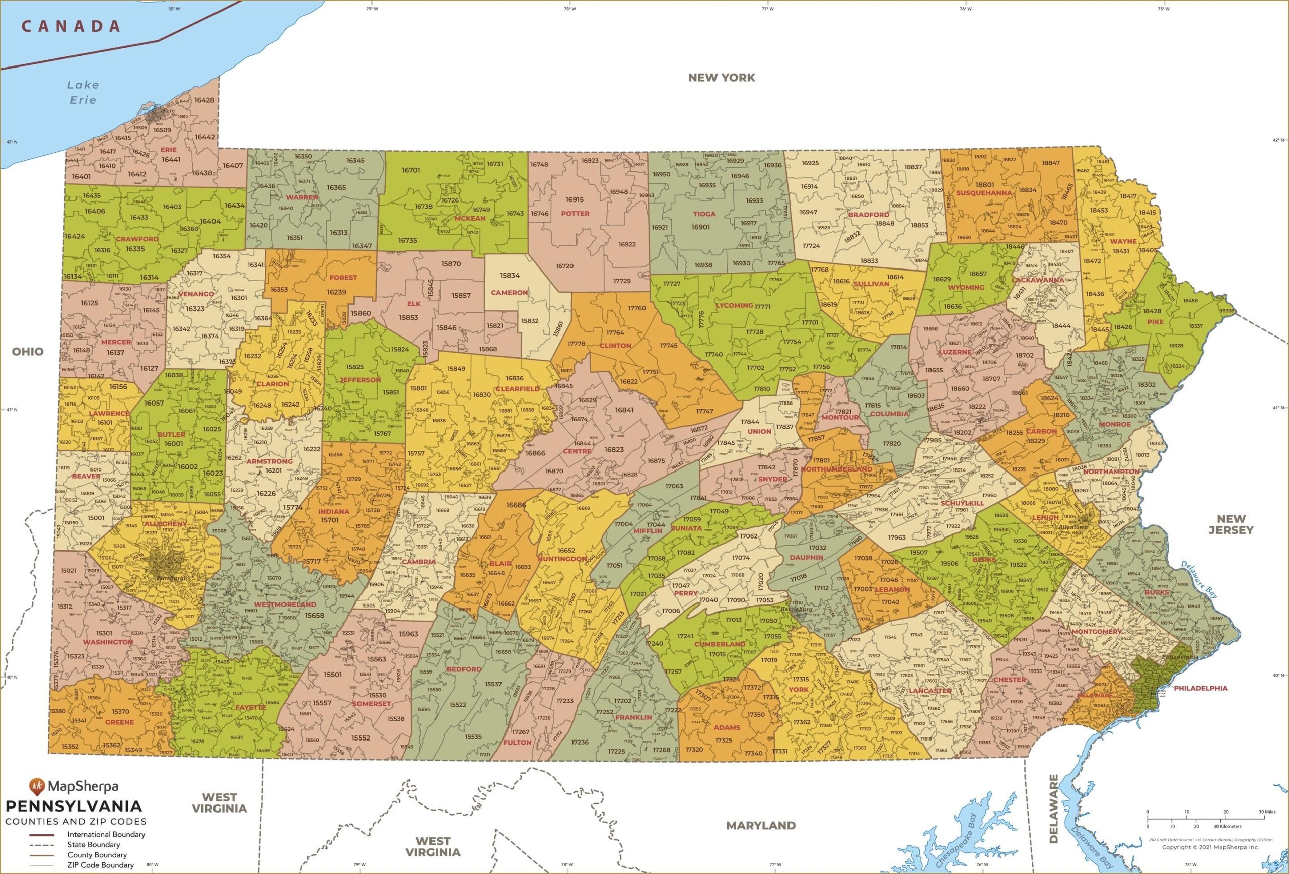 Pennsylvania ZIP Code Map With Counties Extra Large Map Stanfords