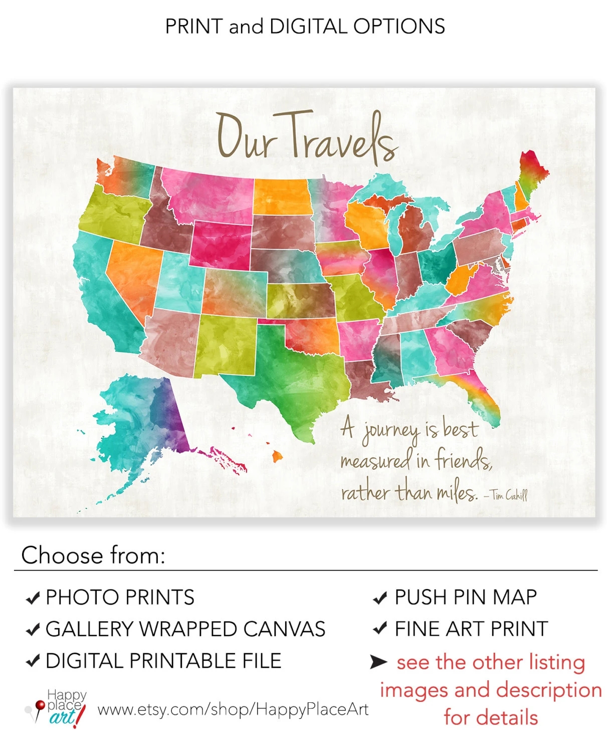 Personalised Large USA Map Coloful Map Of The USA Custom Quote U S Map Personalised Map Push Pin USA Map Heart Map Travel Map Ideas 