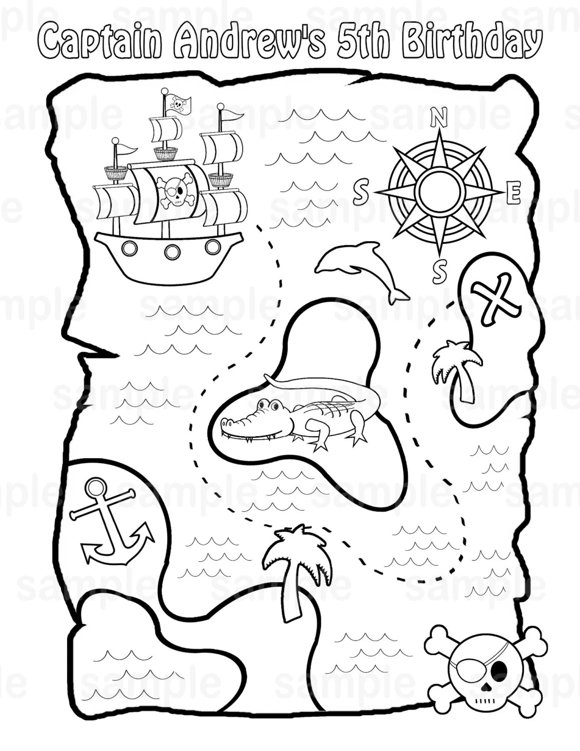 Personalized Pirate Treasure Map Coloring Page Birthday Party Favor Colouring Activity Sheet Personalized Printable Template Etsy