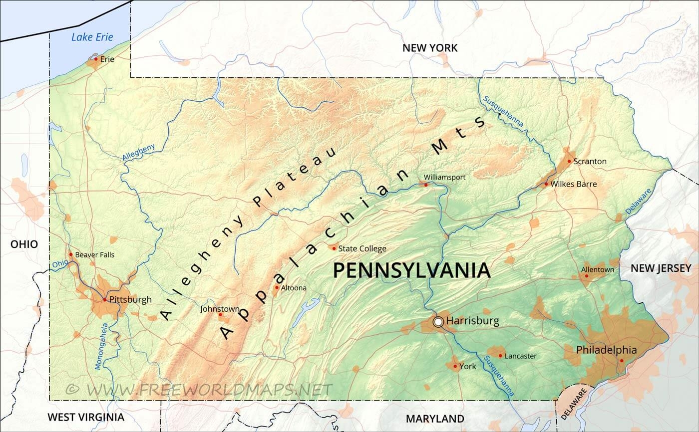 Physical Map Of Pennsylvania Physical Map Of Pennsylvania