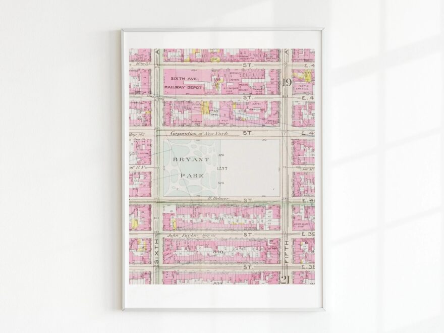 Pink Bryant Park Map Digital Print New York City Print NYC Print Digital Download Pink Print US Letter Size Etsy