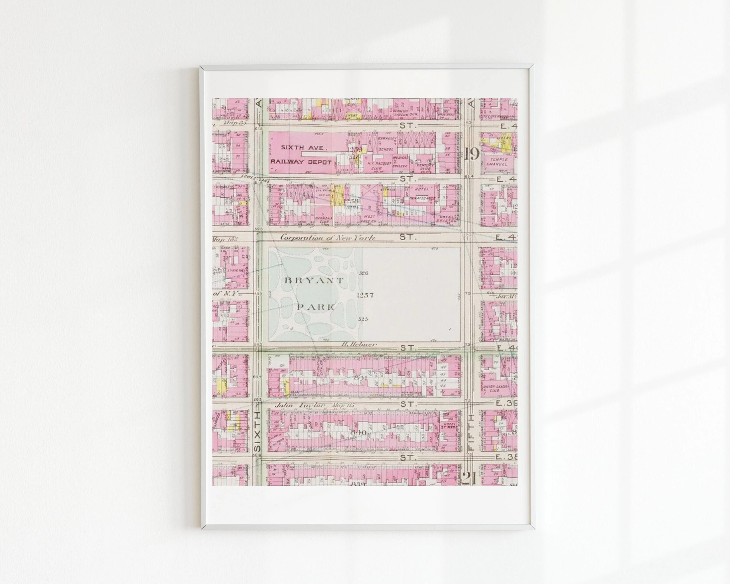 Pink Bryant Park Map Digital Print New York City Print NYC Print Digital Download Pink Print US Letter Size Etsy