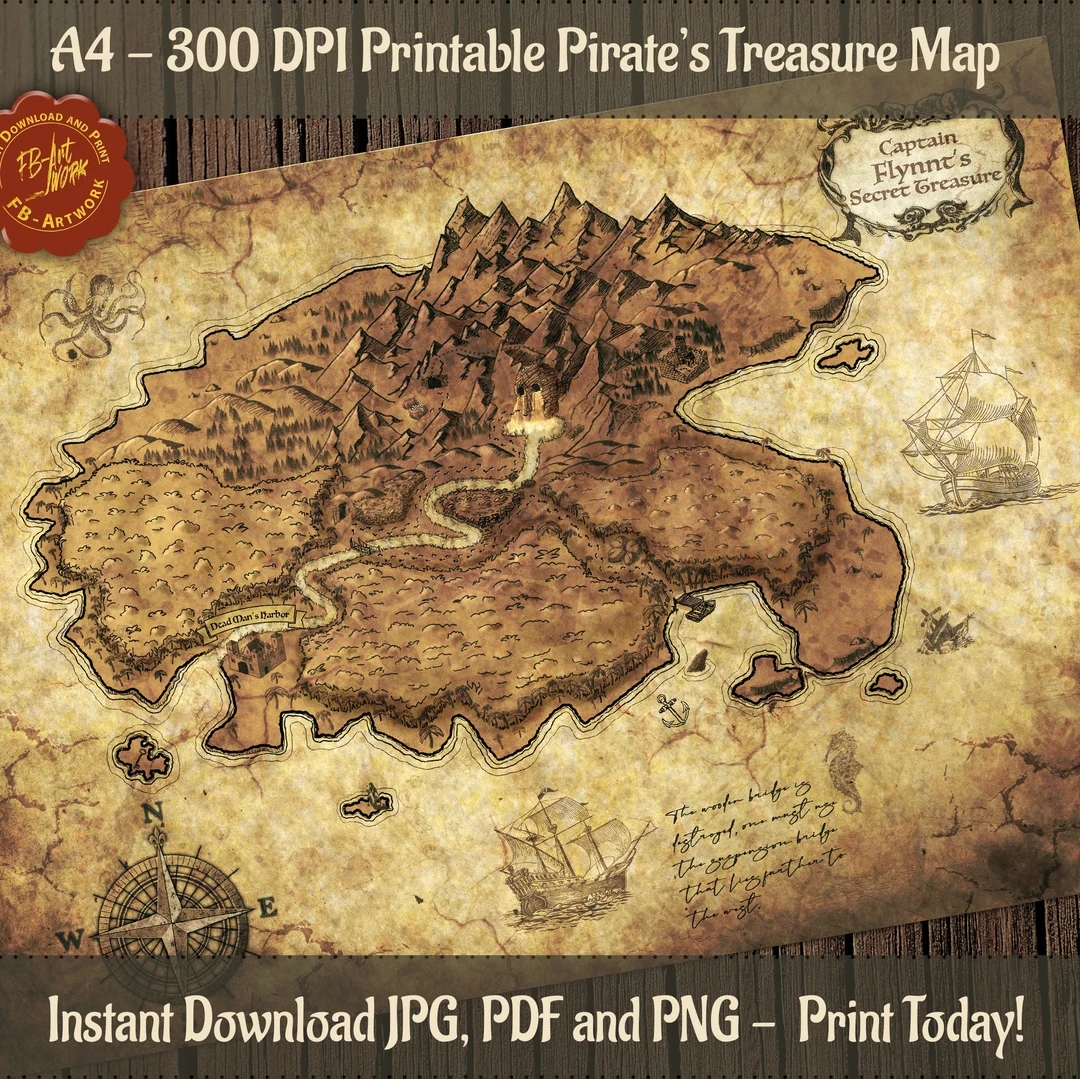 Pirate Treasure Map To Print Map For Decoration Or Dnd Treasure Map Prop D D Etsy
