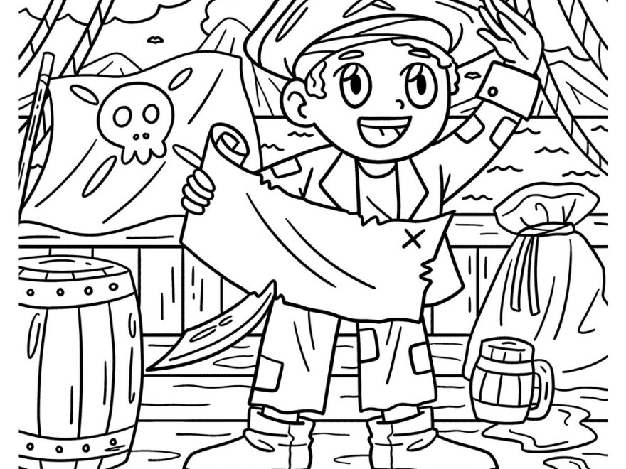 Pirate With Treasure Map Coloring Page For Kids Vector Image