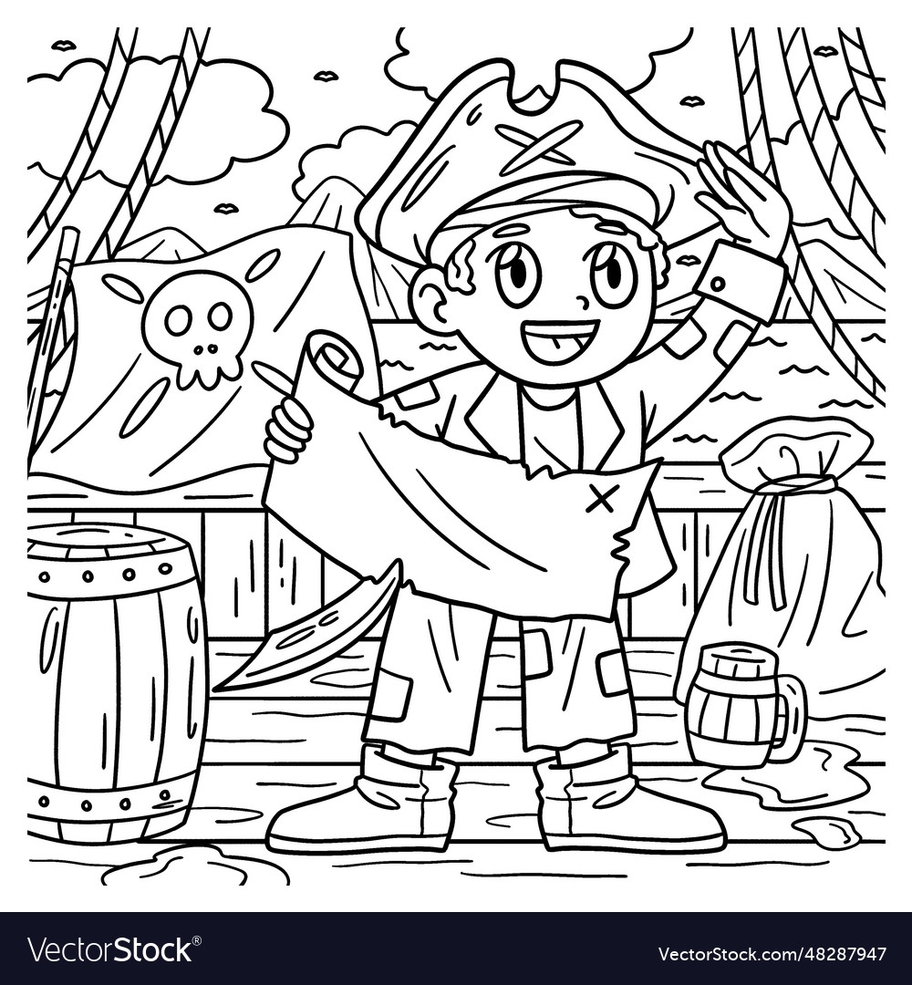 Pirate With Treasure Map Coloring Page For Kids Vector Image