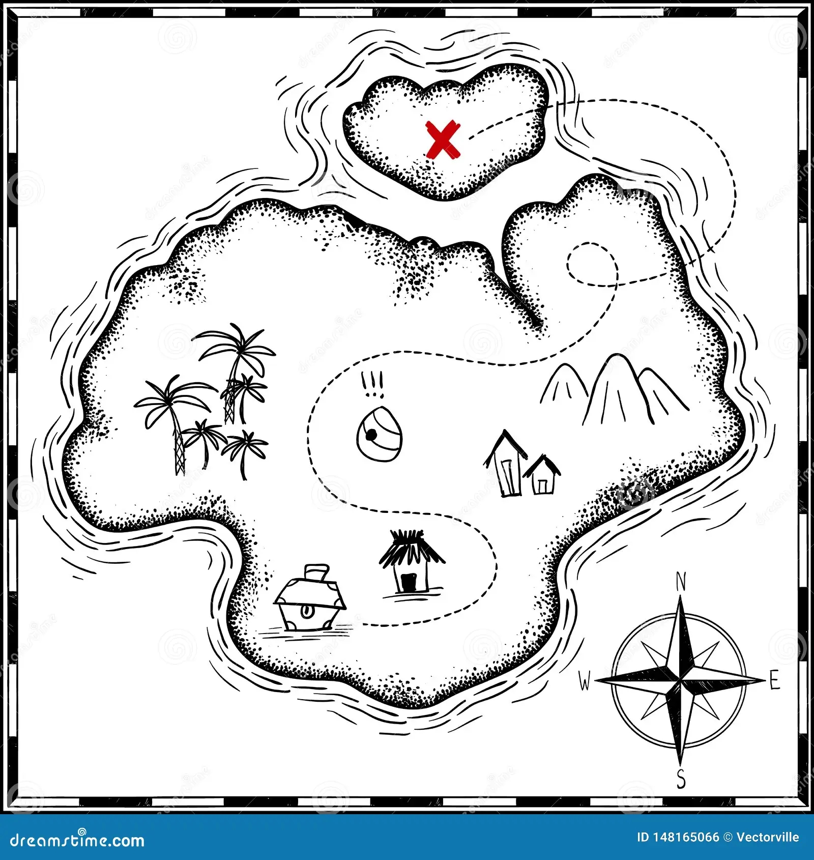 Pirates Treasure Map Hand Drawn Cartoon Black Ink Isolated On White Palms At Uninhabited Island Cross Sign Way Search Gold Chest Stock Vector Illustration Of North Pirate 148165066