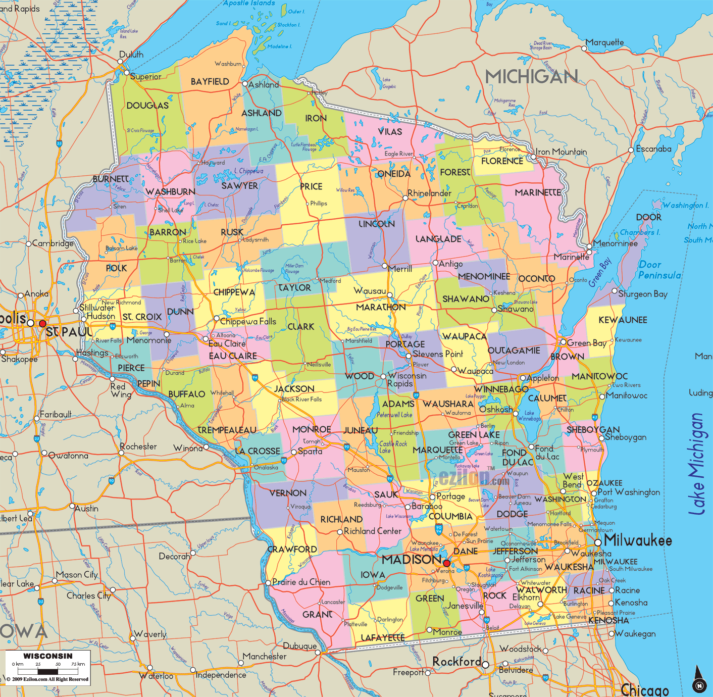 Printable Map Of Wisconsin With Cities Printable Map Of Wisconsin With Cities