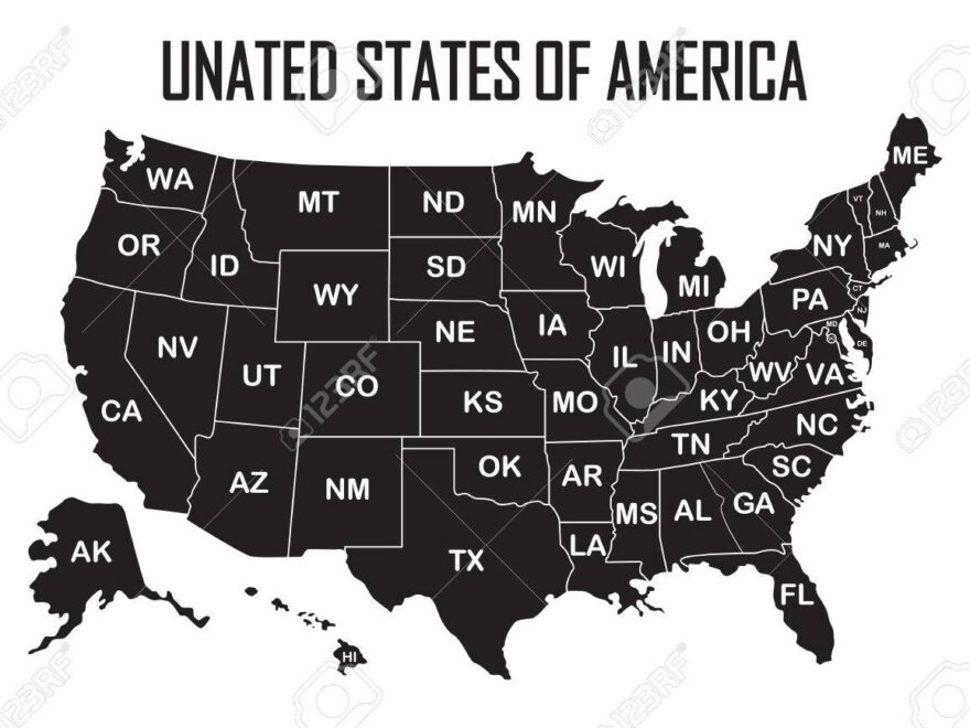 Poster Map Of United States Of America With State Names On The White Background Black And White Print Map Of USA For T shirt Poster Or Geographic Themes Vector Illustration Royalty Free SVG