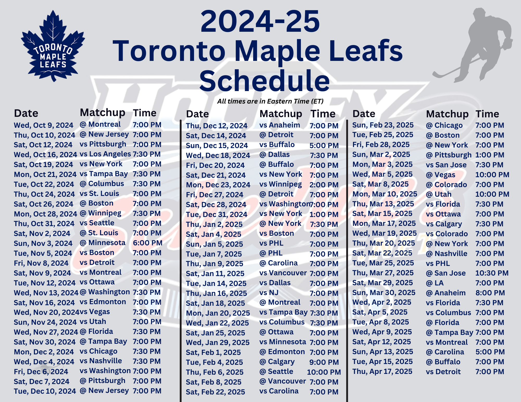 Printable 2024 25 Toronto Maple Leafs Schedule Matchups PDF Format Hockey Schedules Printable 2024 25 Toronto Maple Leafs Schedule Matchups PDF Format Hockey Schedules