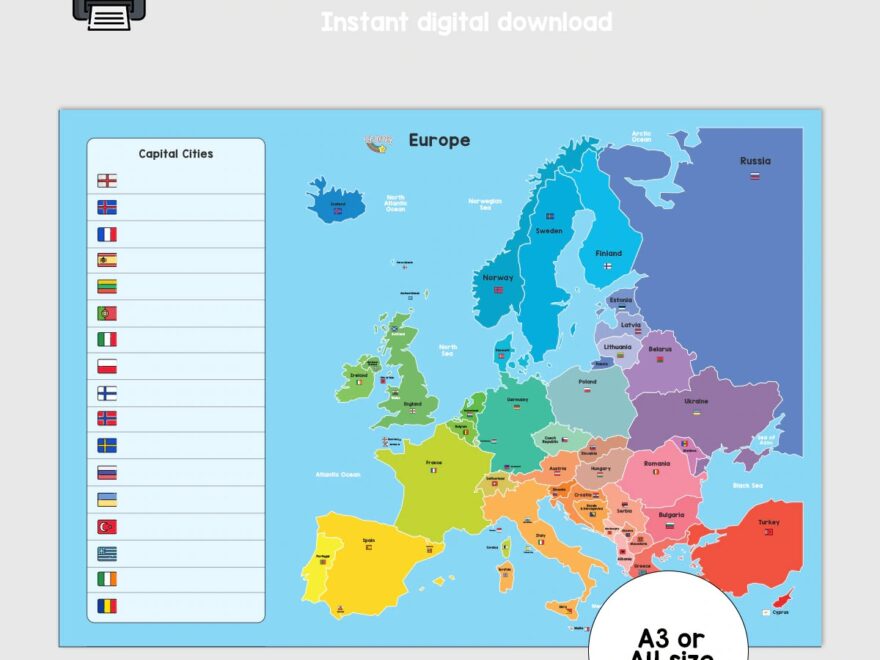 Printable Europe Map For Kids And Children Teachers And Schools Educational Learning Resources Homeschooling Countries And Geography Etsy