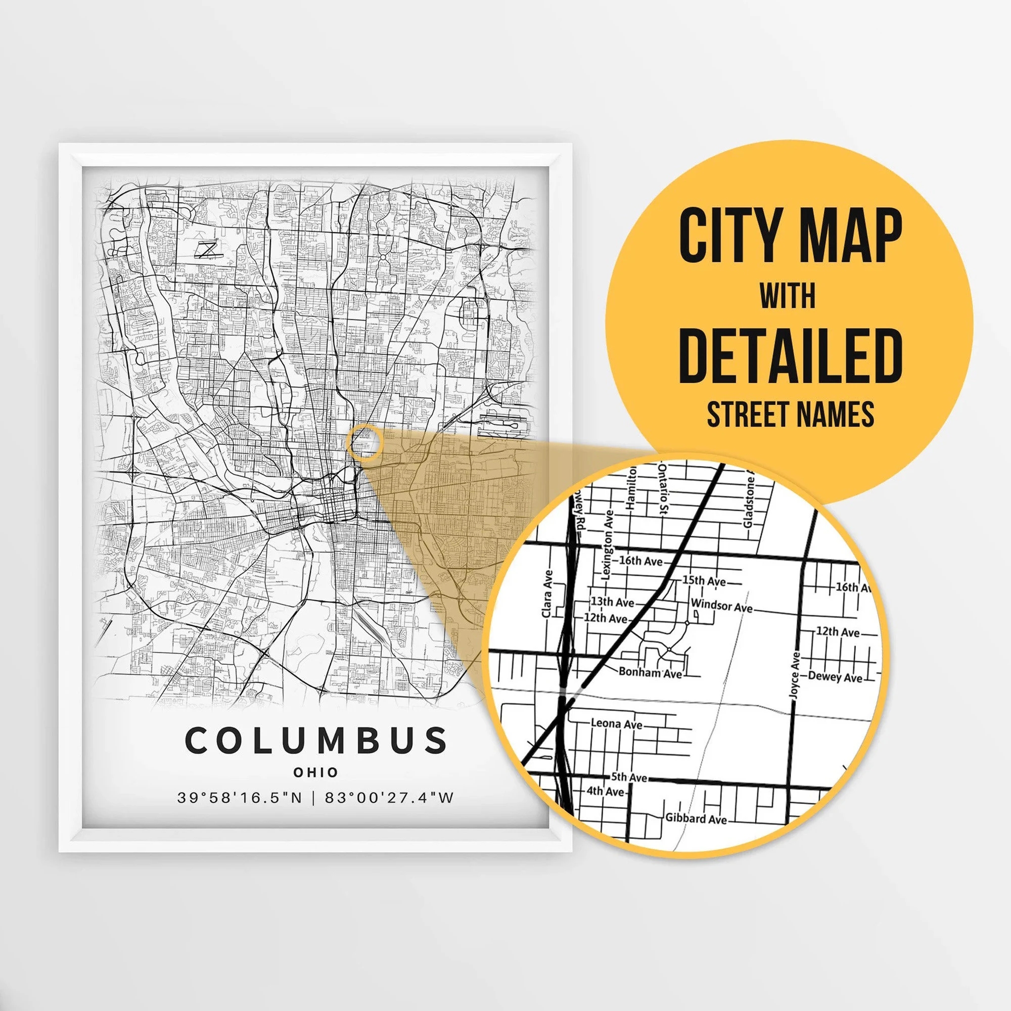 Printable Map Columbus Ohio USA With Street Names Instant Download City Map Travel Gift City Poster Road Map Print Map Wall Art Etsy