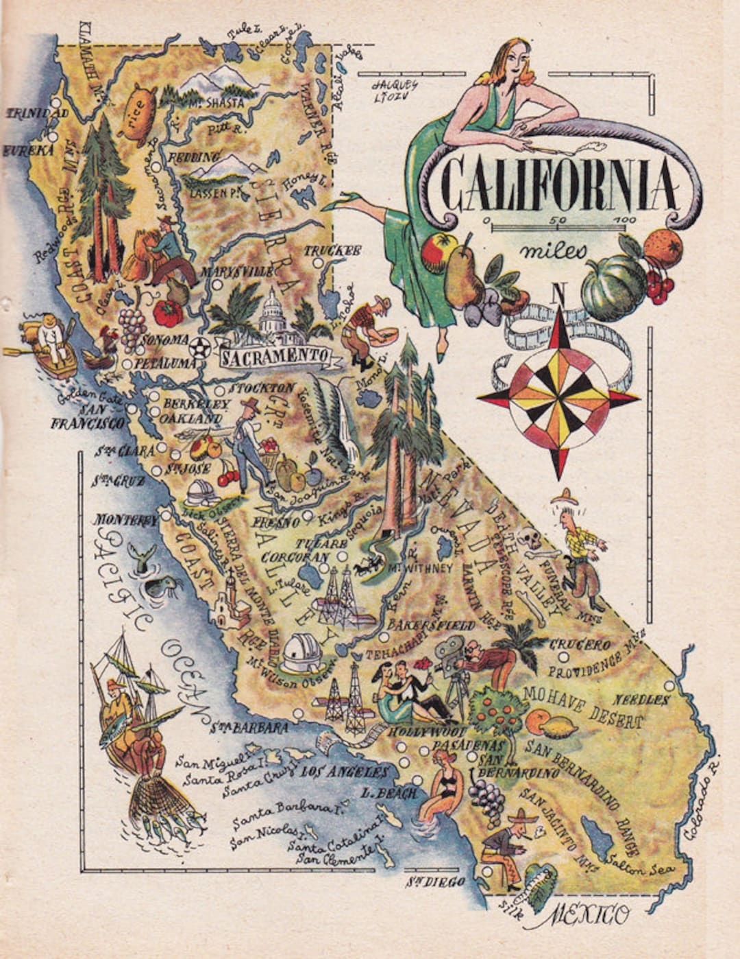 Printable Map Of California From 1946 Funny Pictorial Map Home Decor Unique Gift Digital Download No 1702 Etsy