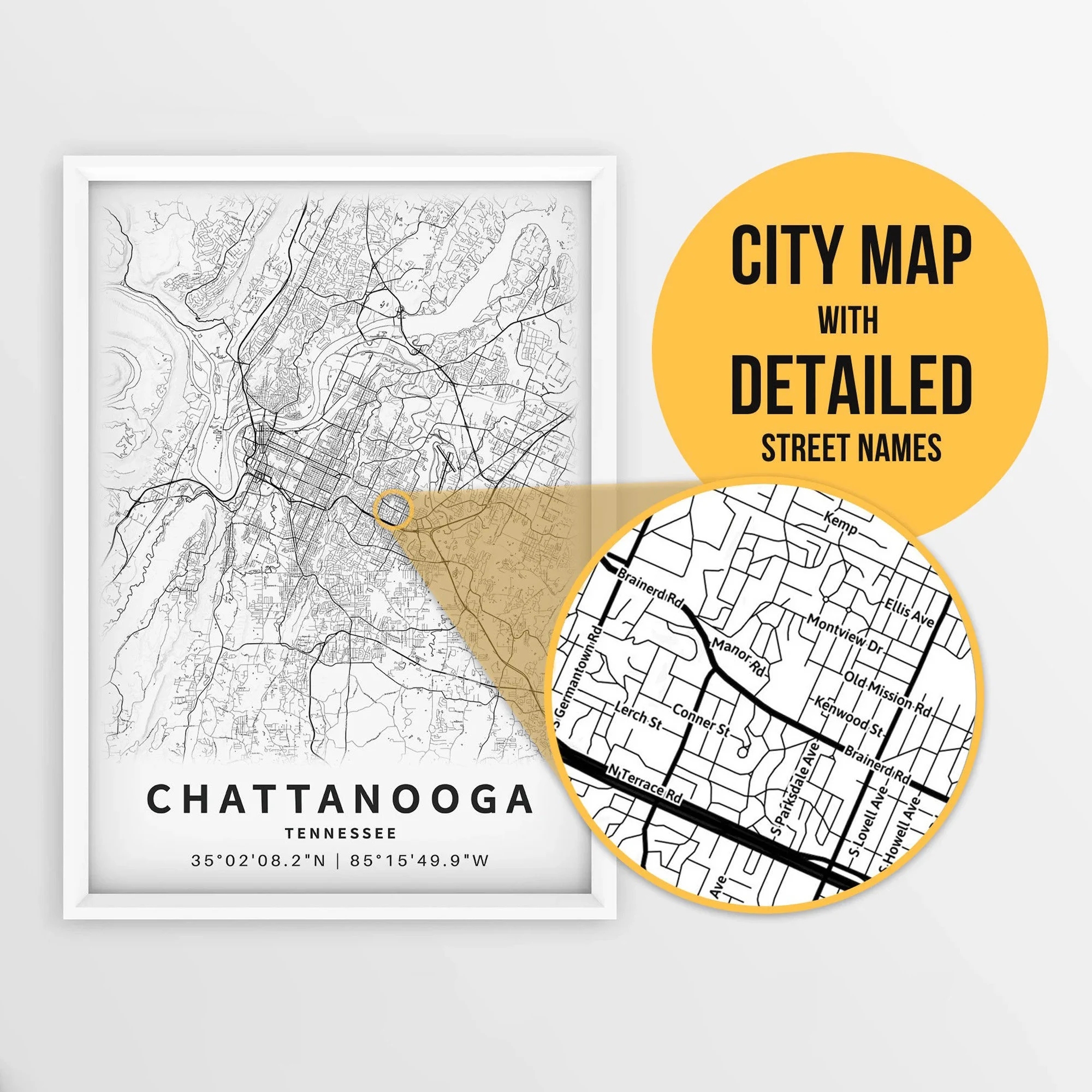Printable Map Of Chattanooga Tennessee USA With Street Names Instant Download City Map Travel Gift City Poster Road Map Print Etsy