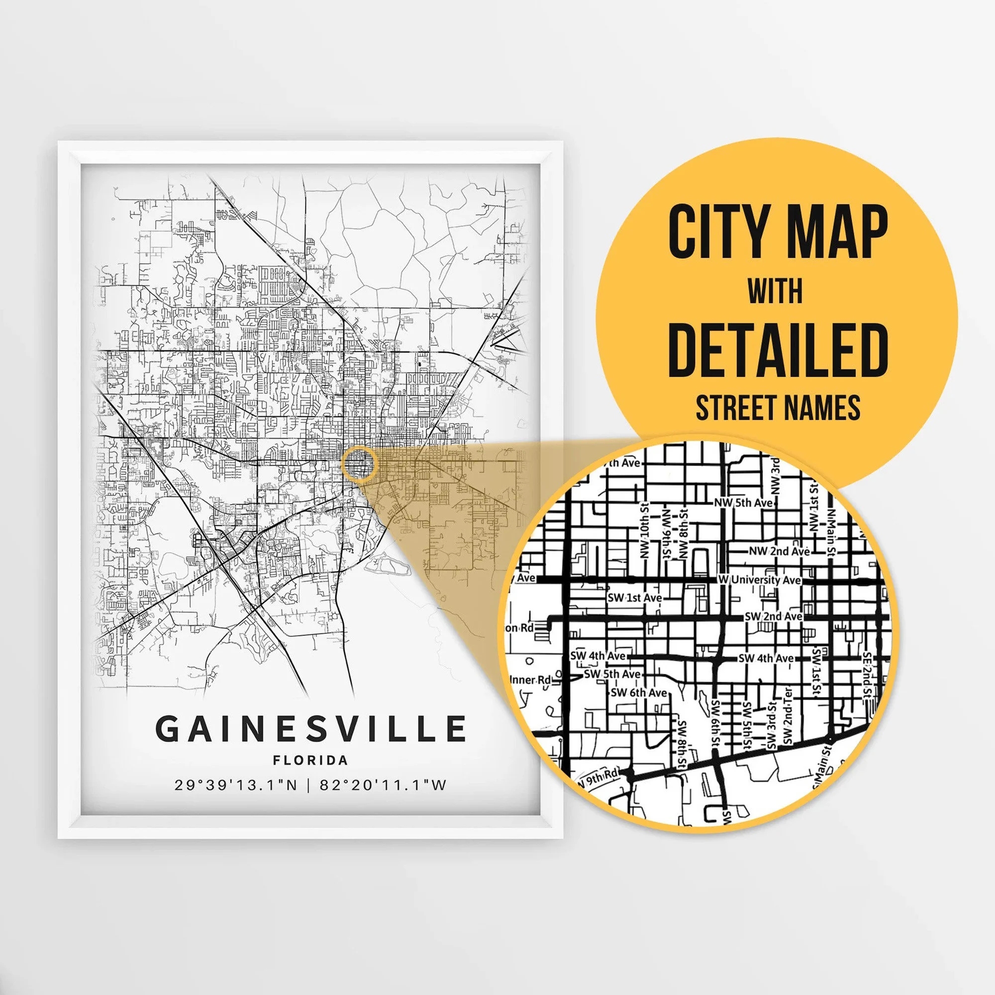 Printable Map Of Gainesville Florida USA With Street Names Instant Download City Map Travel Gift City Poster Road Map Print Etsy Canada
