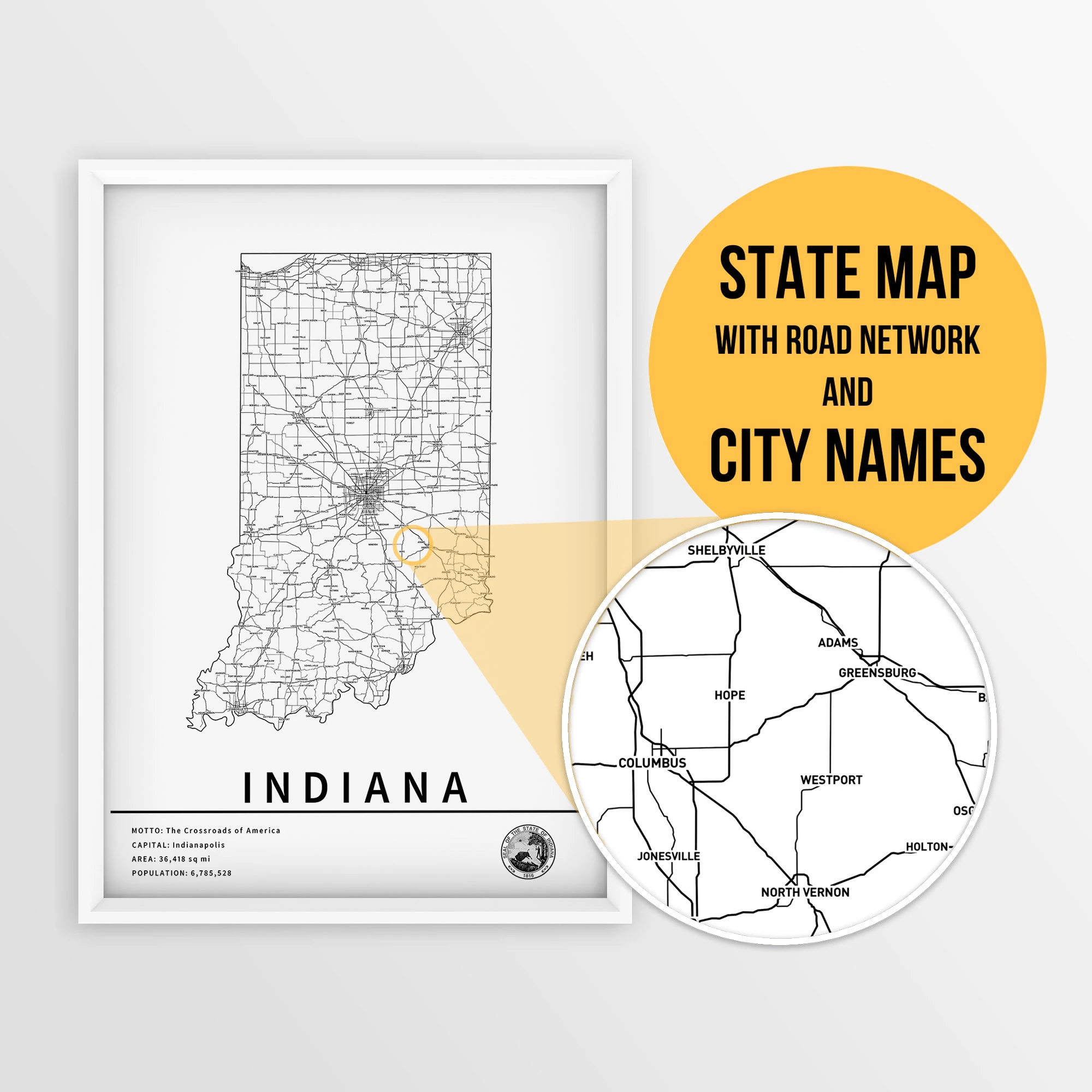 Printable Map Of Indiana United States With City Names And Roads Instant Download State Map Map Art Push Pin Map Travel Planner Etsy