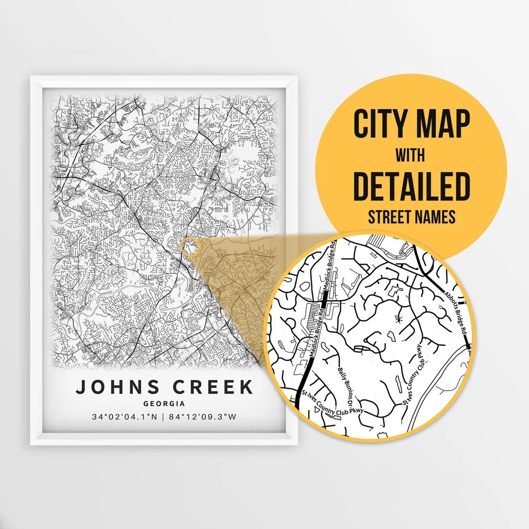 Printable Map Of Johns Creek Georgia USA With Street Names Instant Download City Map Travel Gift City Poster Road Map Print Etsy