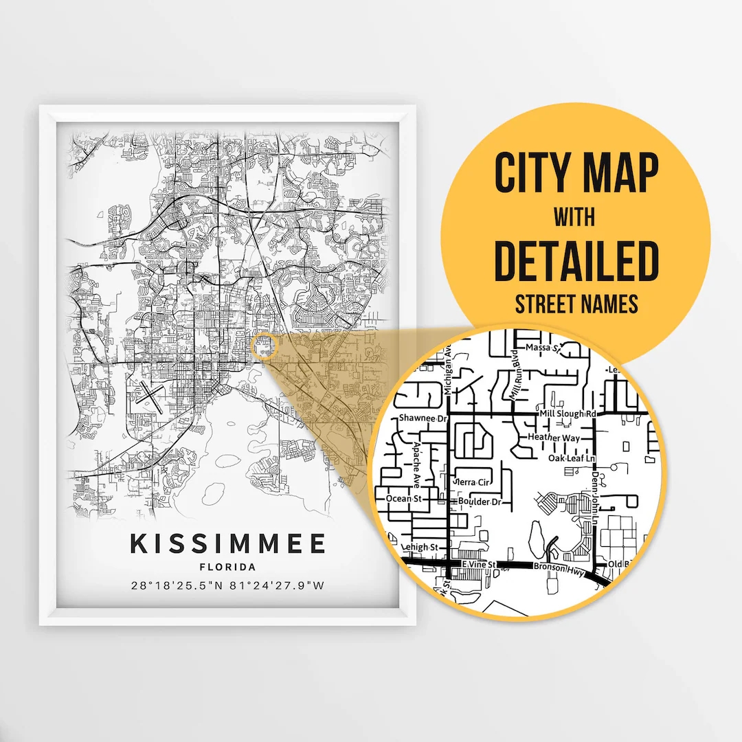 Printable Map Of Kissimmee Florida USA With Street Names Instant Download City Map Travel Gift City Poster Road Map Print Etsy