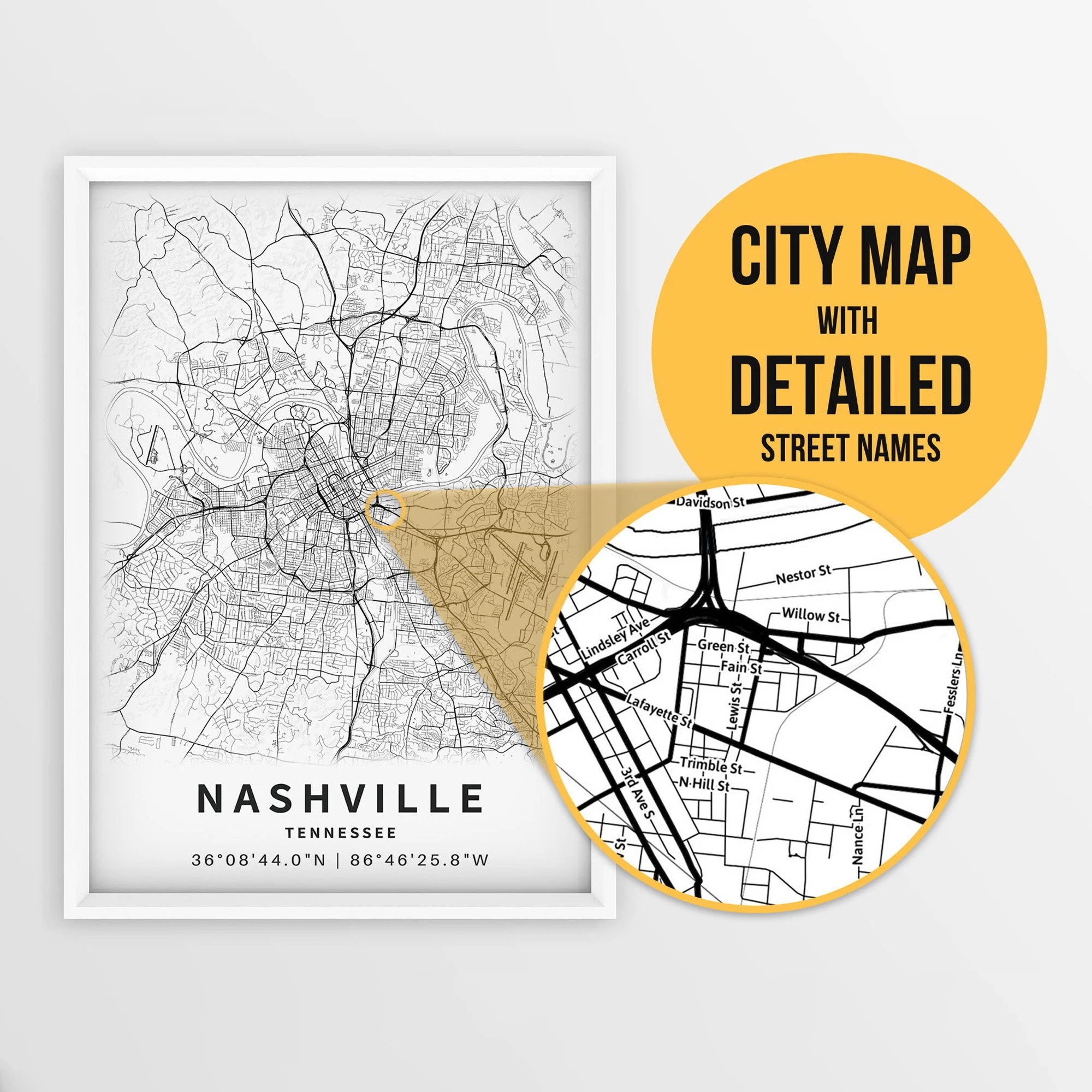 Printable Map Of Nashville Tennessee USA With Street Names Instant Download City Map Travel Gift City Poster Road Map Print Etsy