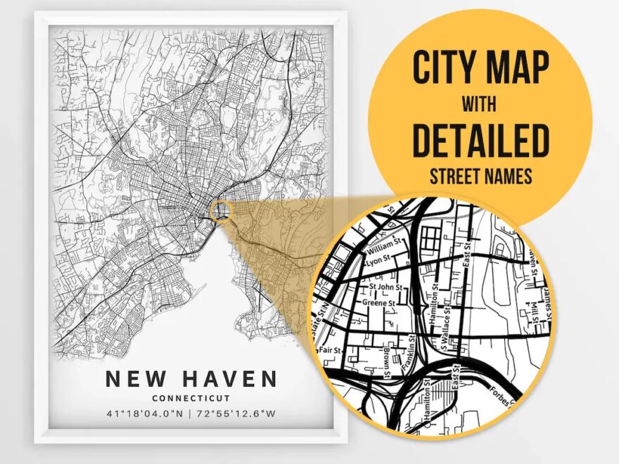 Printable Map Of New Haven Connecticut USA With Street Names Instant Download City Map Travel Gift City Poster Road Map Print Etsy