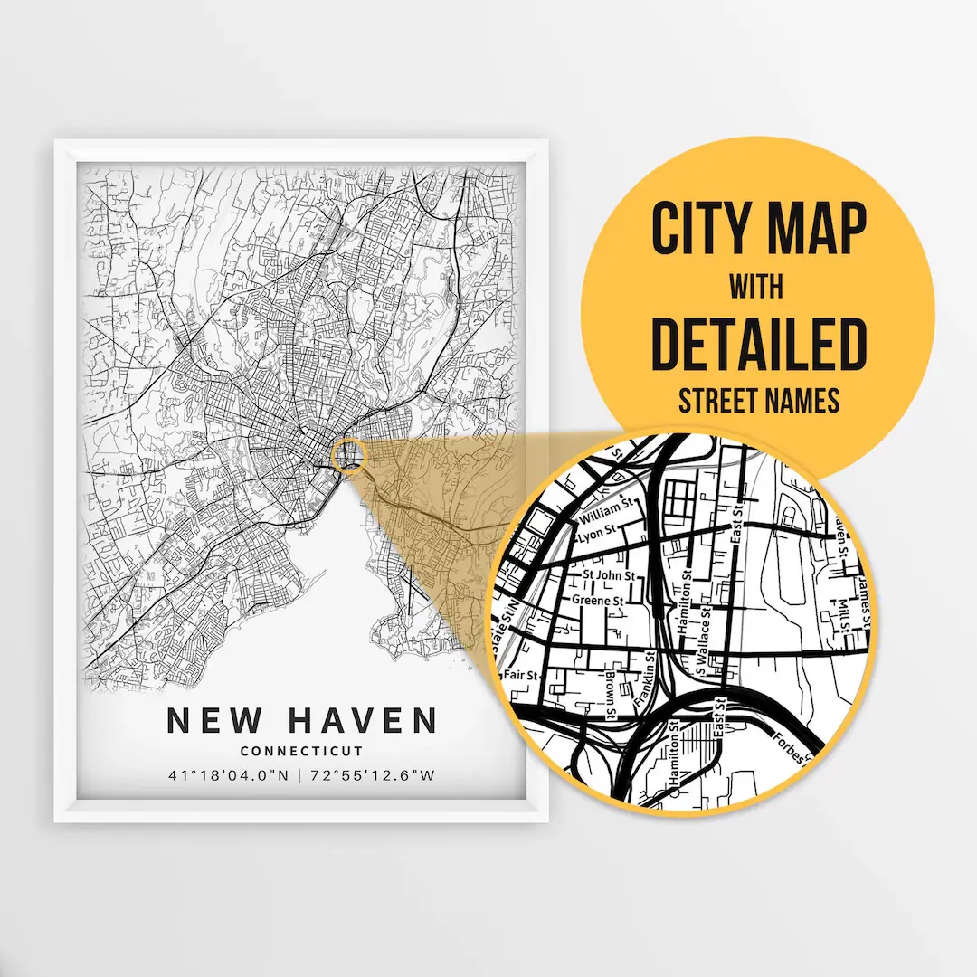 Printable Map Of New Haven Connecticut USA With Street Names Instant Download City Map Travel Gift City Poster Road Map Print Etsy