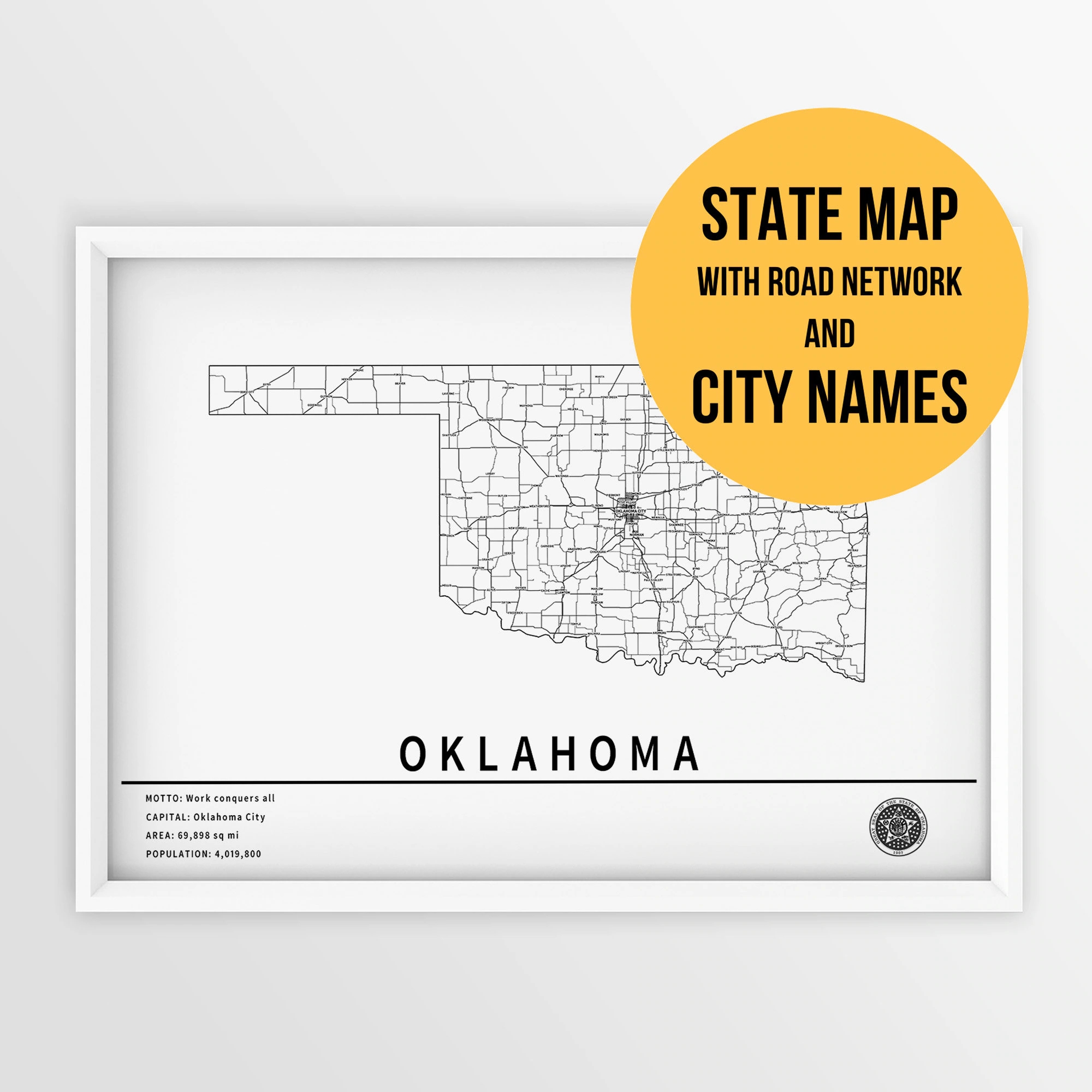 Printable Map Of Oklahoma With City Names And Roads Instant Download State Road Map Poster Push Pin Map Travel Planner Map Print Etsy