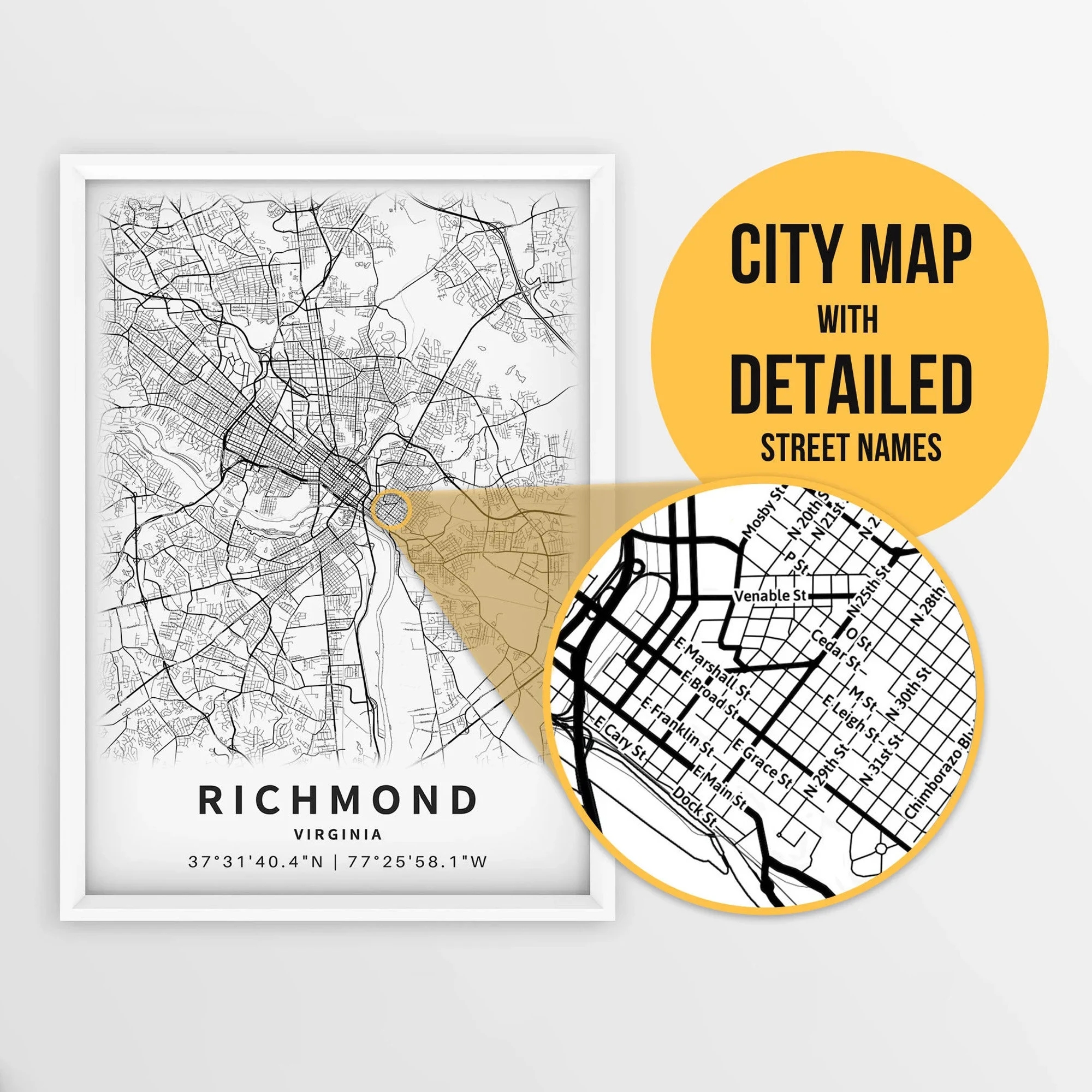 Printable Map Of Richmond Virginia USA With Street Names Instant Download City Map Travel Gift City Poster Road Map Print Etsy