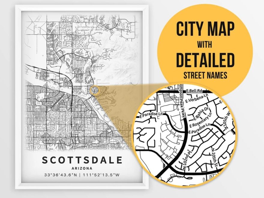 Printable Map Of Scottsdale Arizona USA With Street Names Instant Download City Map Travel Gift City Poster Road Map Print Etsy