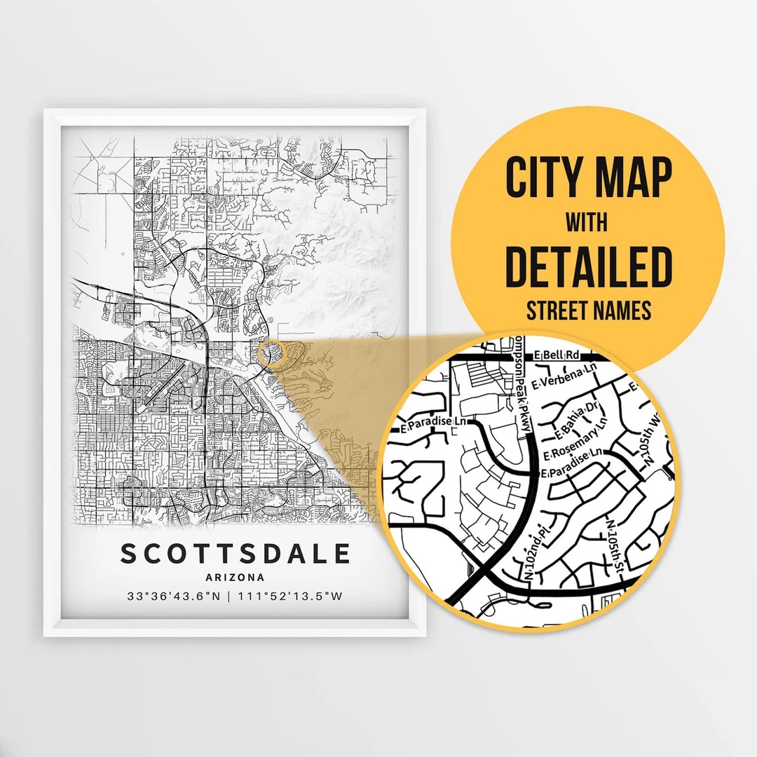 Printable Map Of Scottsdale Arizona USA With Street Names Instant Download City Map Travel Gift City Poster Road Map Print Etsy