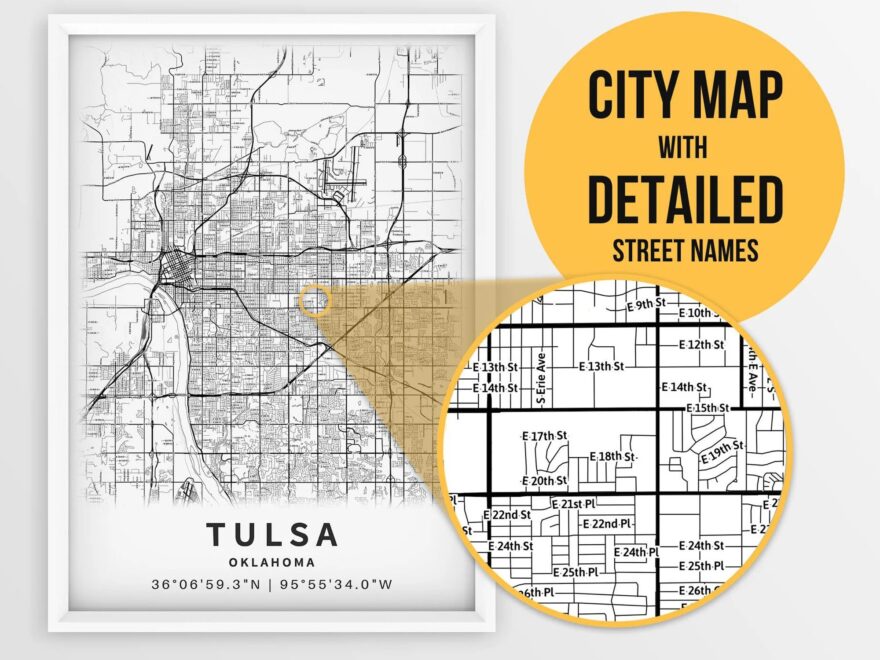 Printable Map Of Tulsa Oklahoma USA With Street Names Instant Download City Map Travel Gift City Poster Road Map Print Map Art Etsy