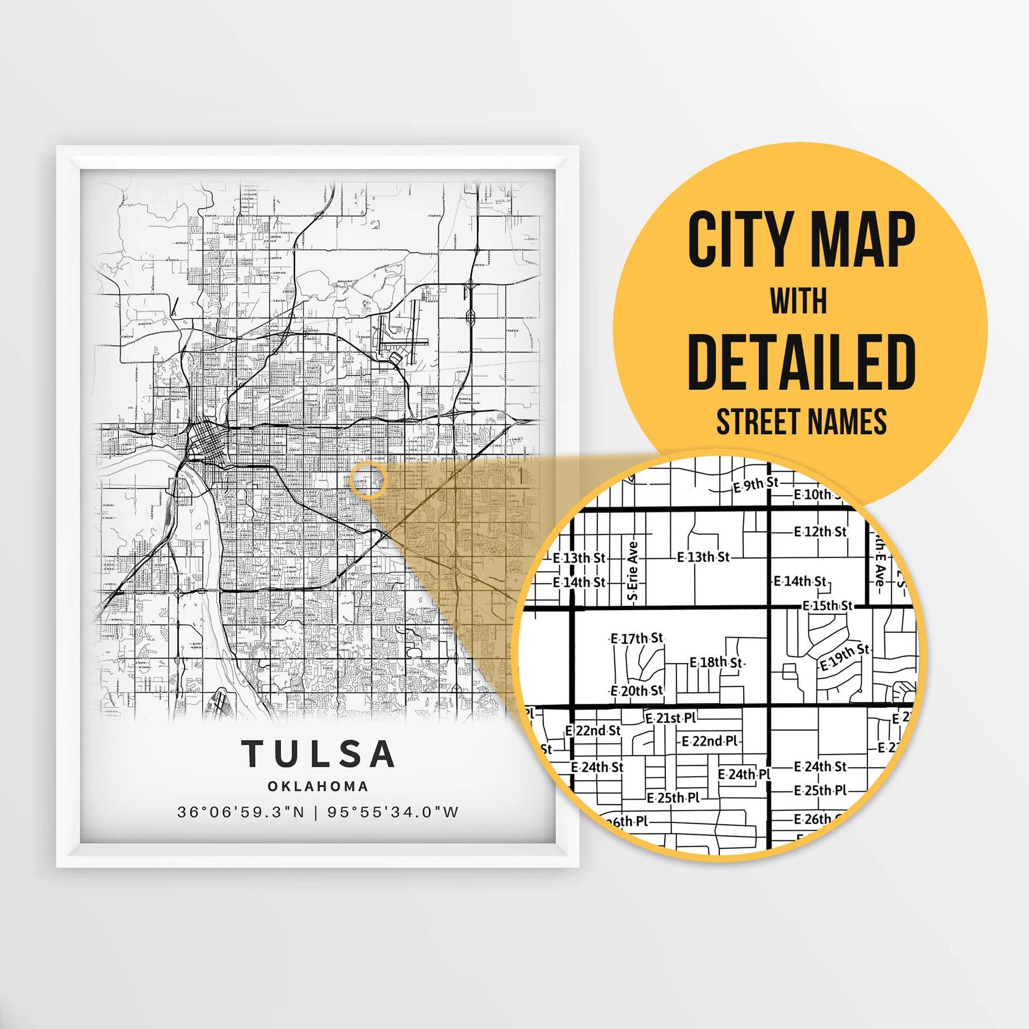 Printable Map Of Tulsa Oklahoma USA With Street Names Instant Download City Map Travel Gift City Poster Road Map Print Map Art Etsy