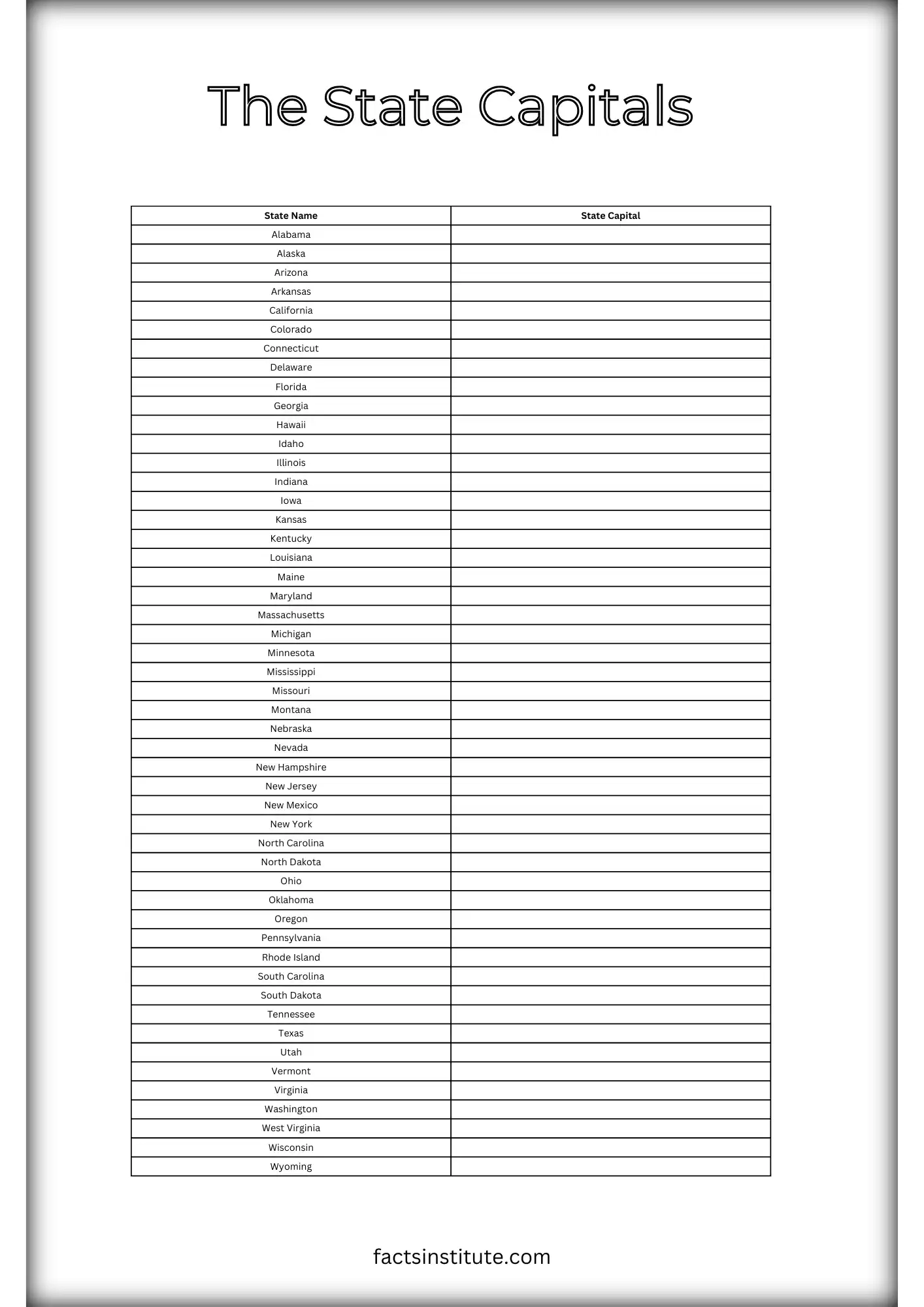 State Capitals Blank Map Printable